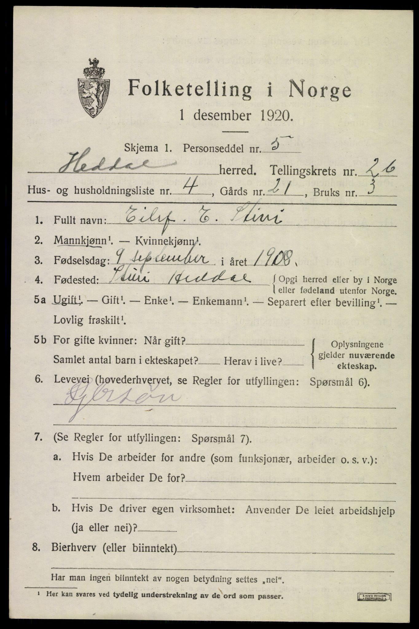 SAKO, 1920 census for Heddal, 1920, p. 3006