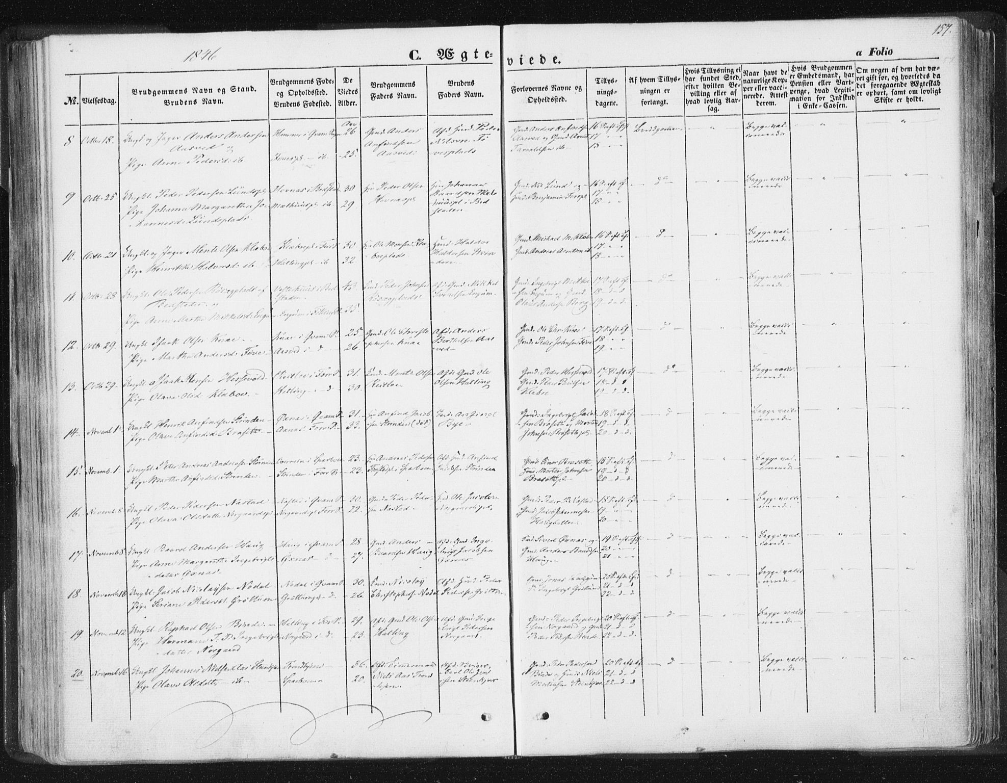 Ministerialprotokoller, klokkerbøker og fødselsregistre - Nord-Trøndelag, SAT/A-1458/746/L0446: Parish register (official) no. 746A05, 1846-1859, p. 157