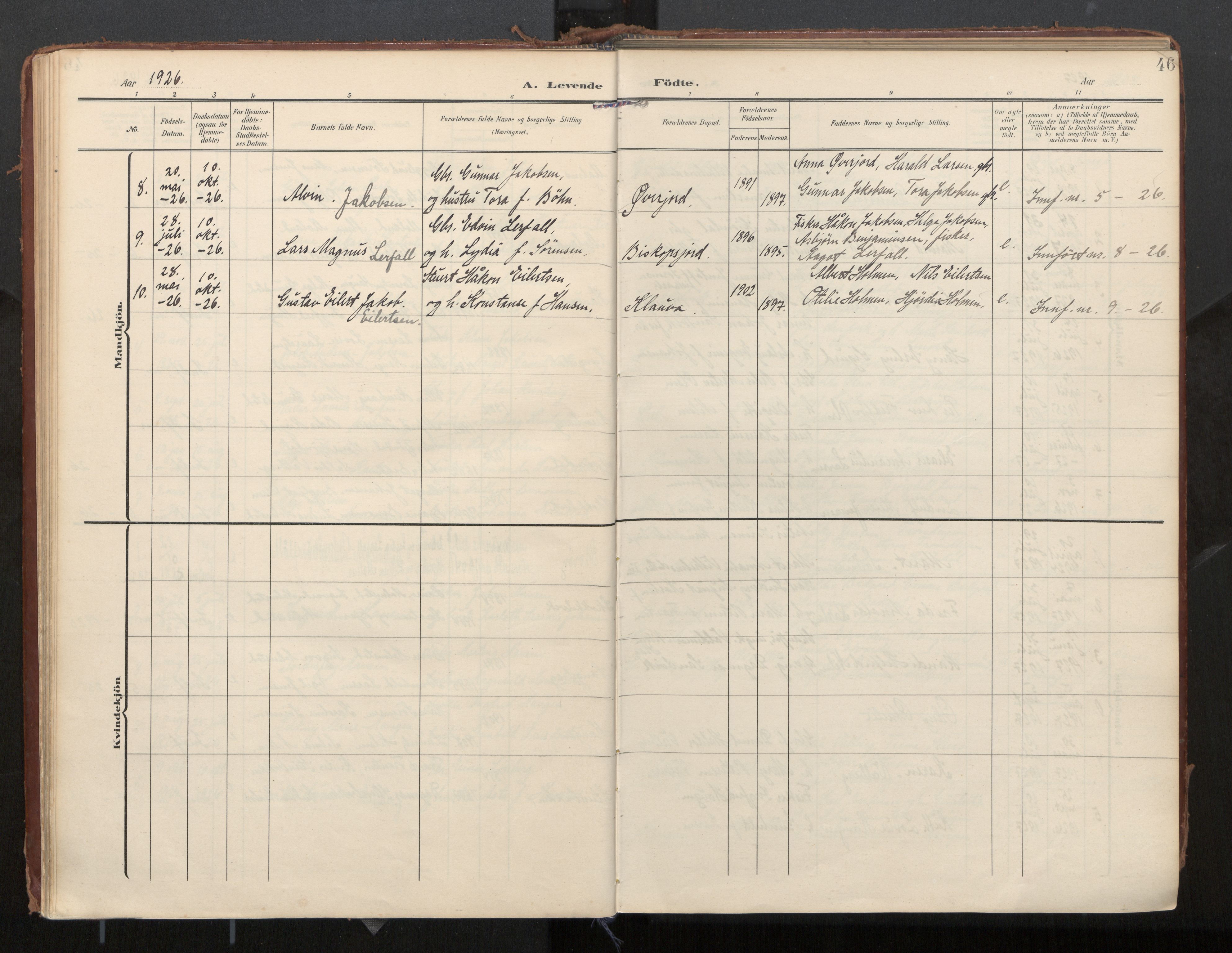 Ministerialprotokoller, klokkerbøker og fødselsregistre - Nordland, SAT/A-1459/884/L1194: Parish register (official) no. 884A02, 1906-1937, p. 46