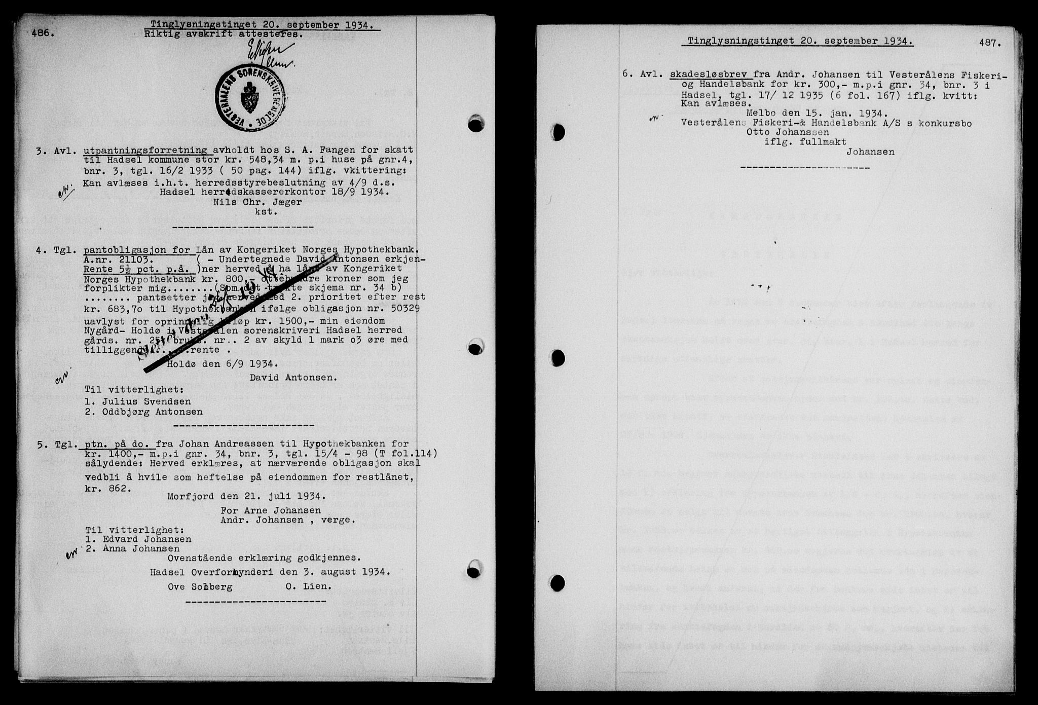 Vesterålen sorenskriveri, SAT/A-4180/1/2/2Ca/L0060: Mortgage book no. 53, 1934-1934, Deed date: 20.09.1934