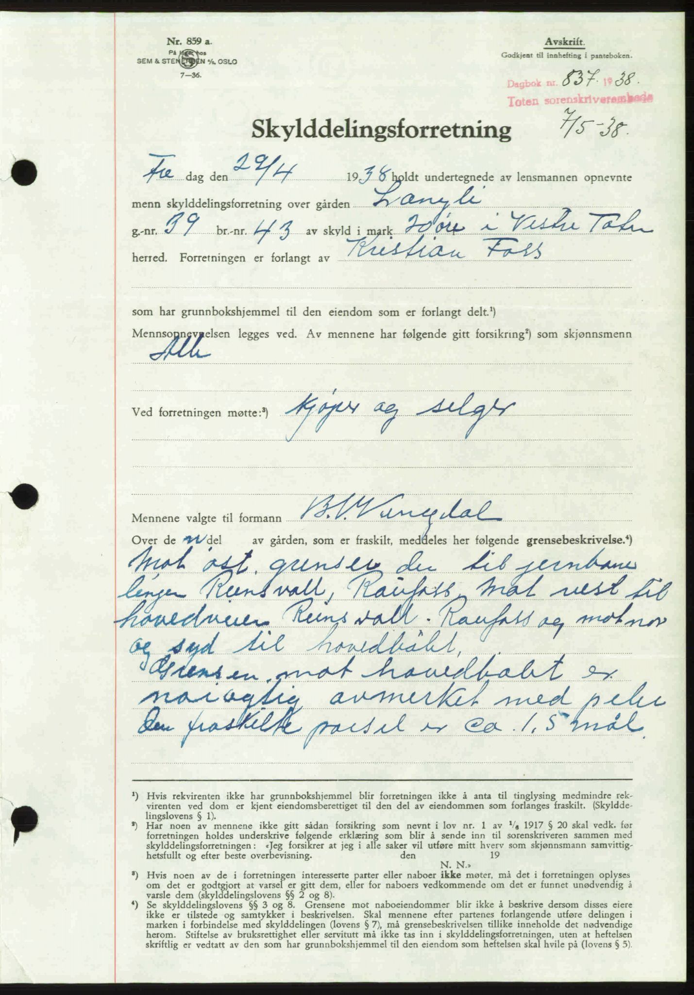 Toten tingrett, SAH/TING-006/H/Hb/Hbc/L0004: Mortgage book no. Hbc-04, 1938-1938, Diary no: : 837/1938