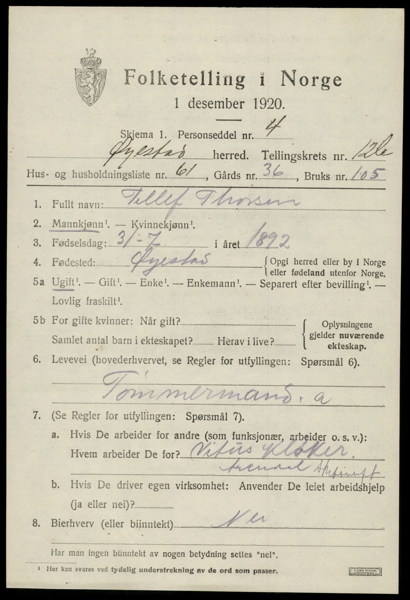 SAK, 1920 census for Øyestad, 1920, p. 8102