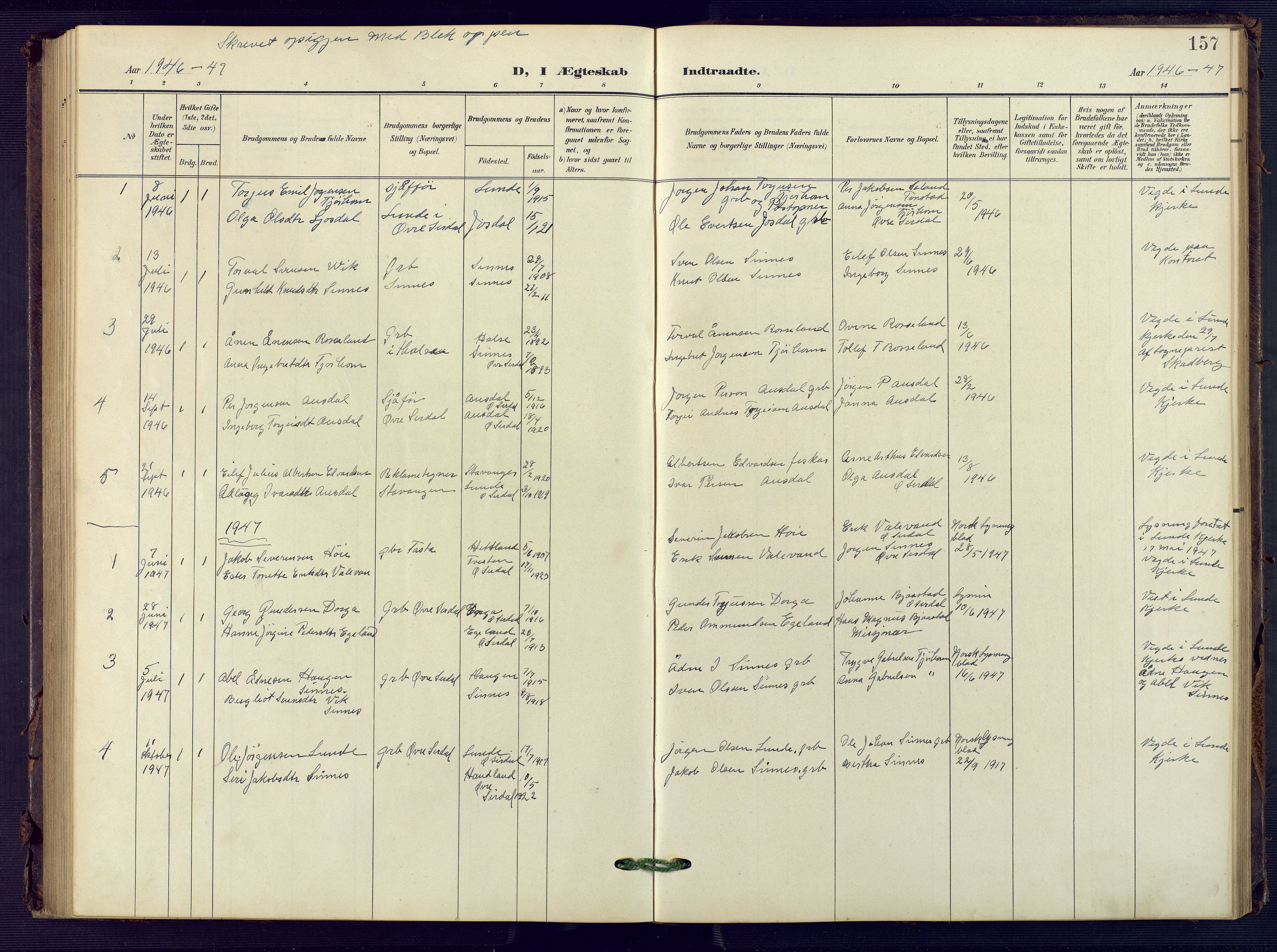 Sirdal sokneprestkontor, AV/SAK-1111-0036/F/Fb/Fba/L0002: Parish register (copy) no. B 2, 1905-1958, p. 157