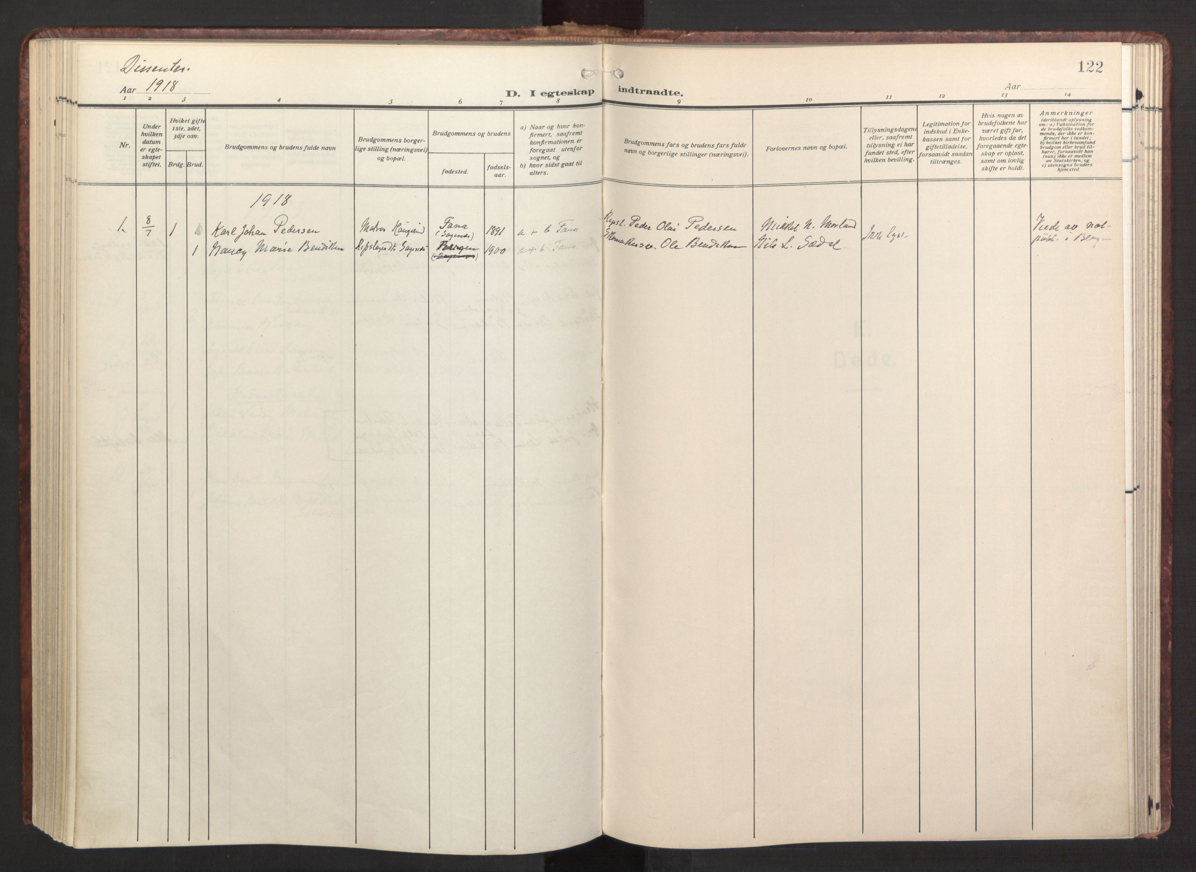 Fana Sokneprestembete, SAB/A-75101/H/Haa/Haab/L0005: Parish register (official) no. B 5, 1915-1923, p. 122