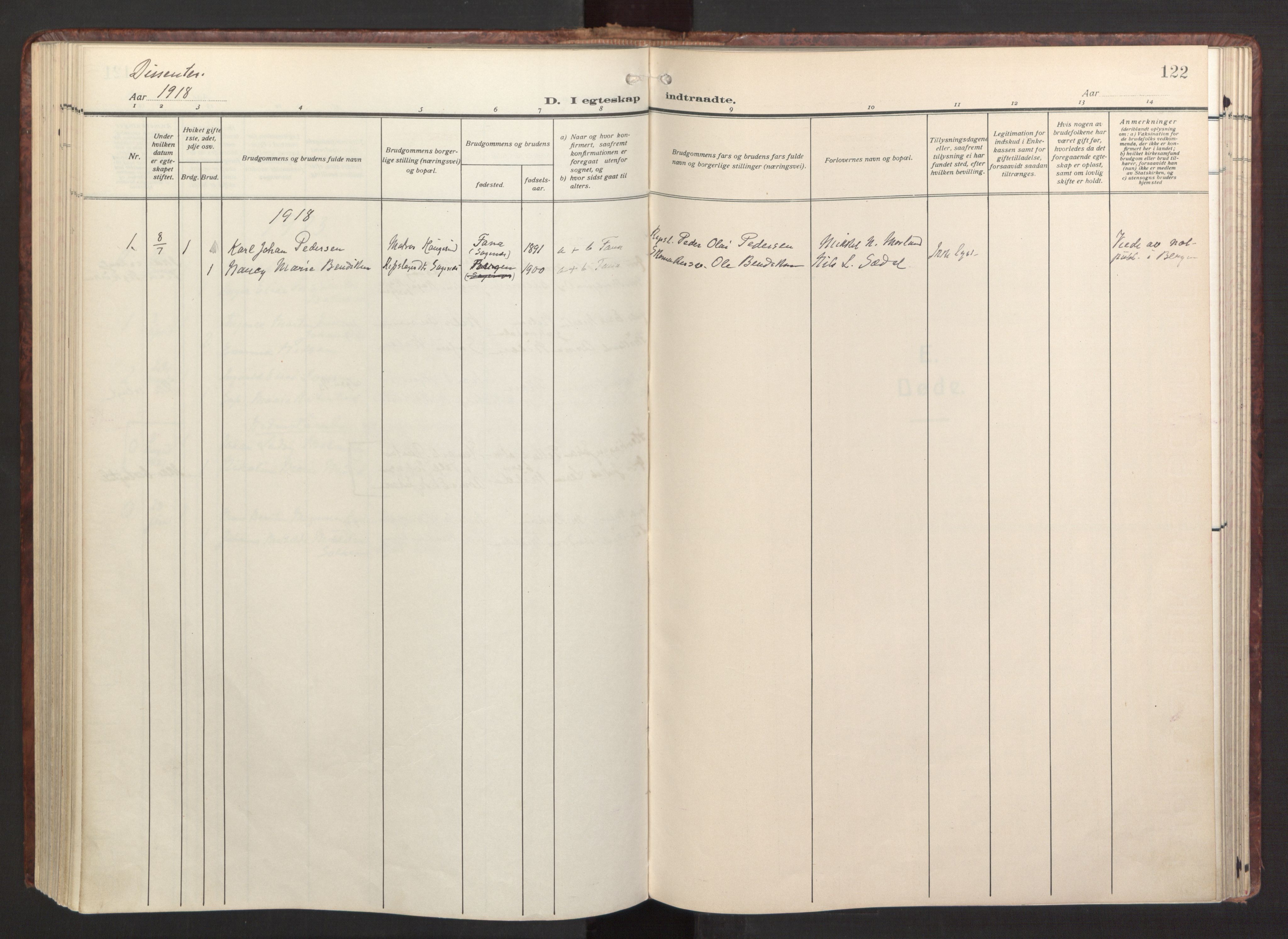 Fana Sokneprestembete, AV/SAB-A-75101/H/Haa/Haab/L0005: Parish register (official) no. B 5, 1915-1923, p. 122