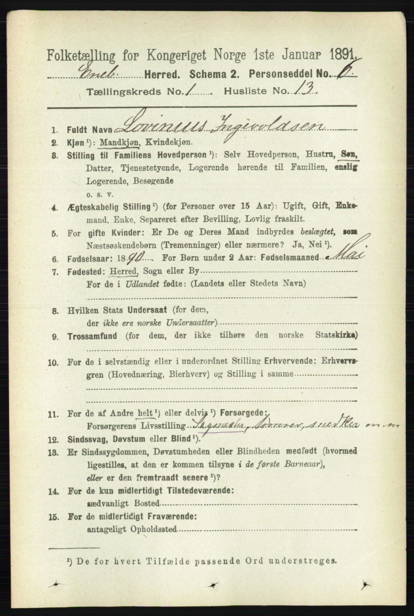 RA, 1891 census for 0229 Enebakk, 1891, p. 198