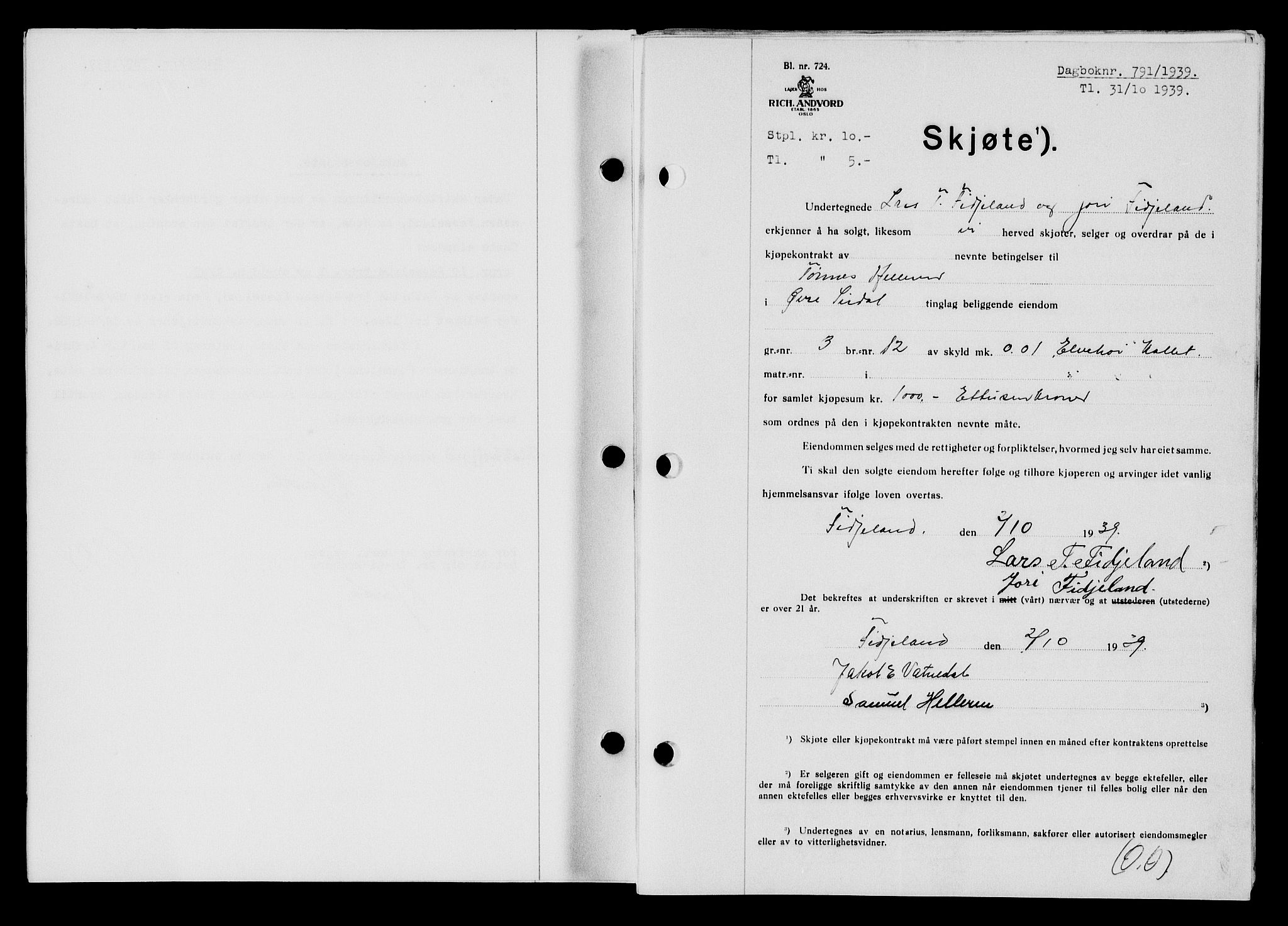 Flekkefjord sorenskriveri, AV/SAK-1221-0001/G/Gb/Gba/L0055: Mortgage book no. A-3, 1939-1939, Diary no: : 791/1939