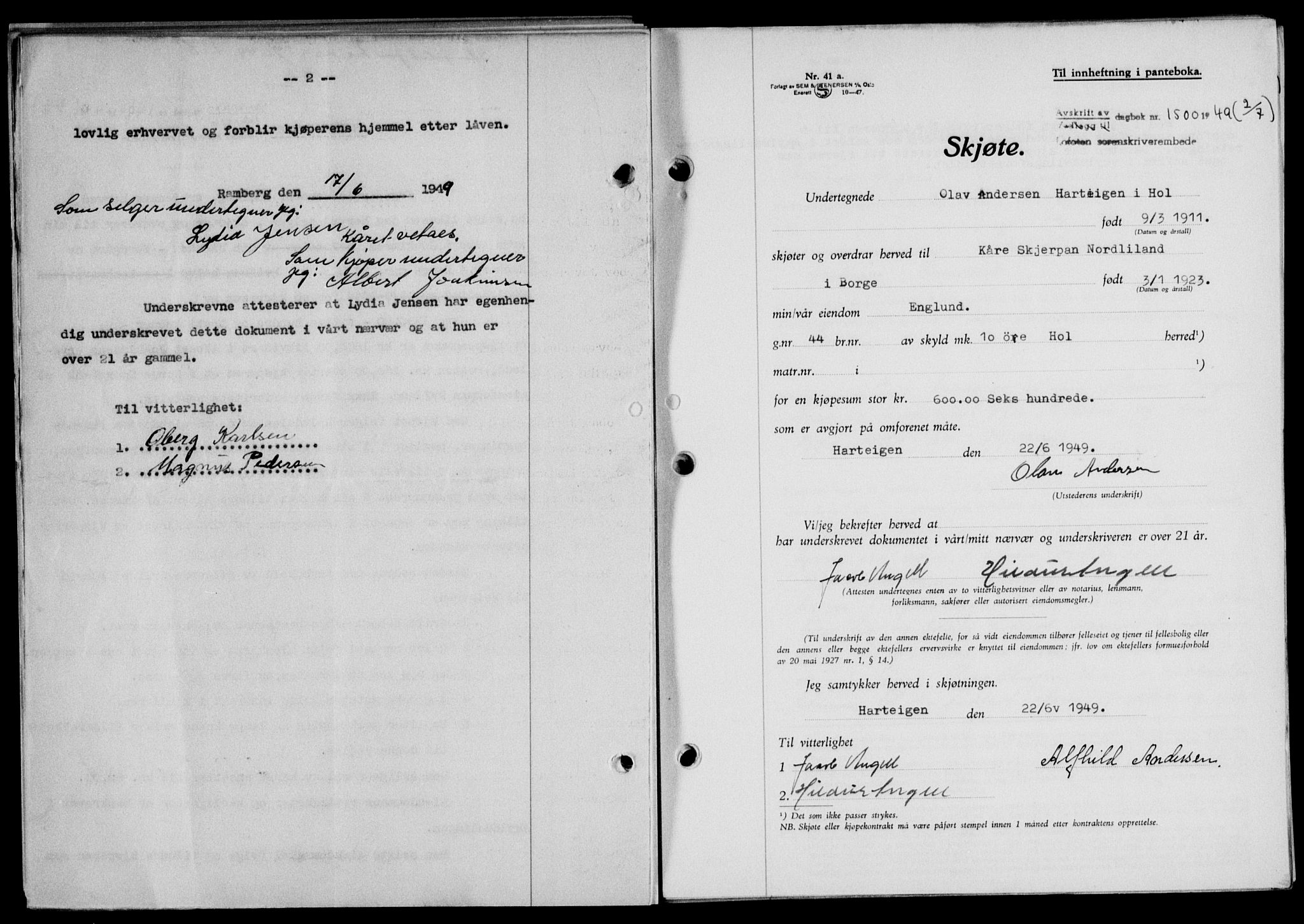 Lofoten sorenskriveri, SAT/A-0017/1/2/2C/L0021a: Mortgage book no. 21a, 1949-1949, Diary no: : 1500/1949