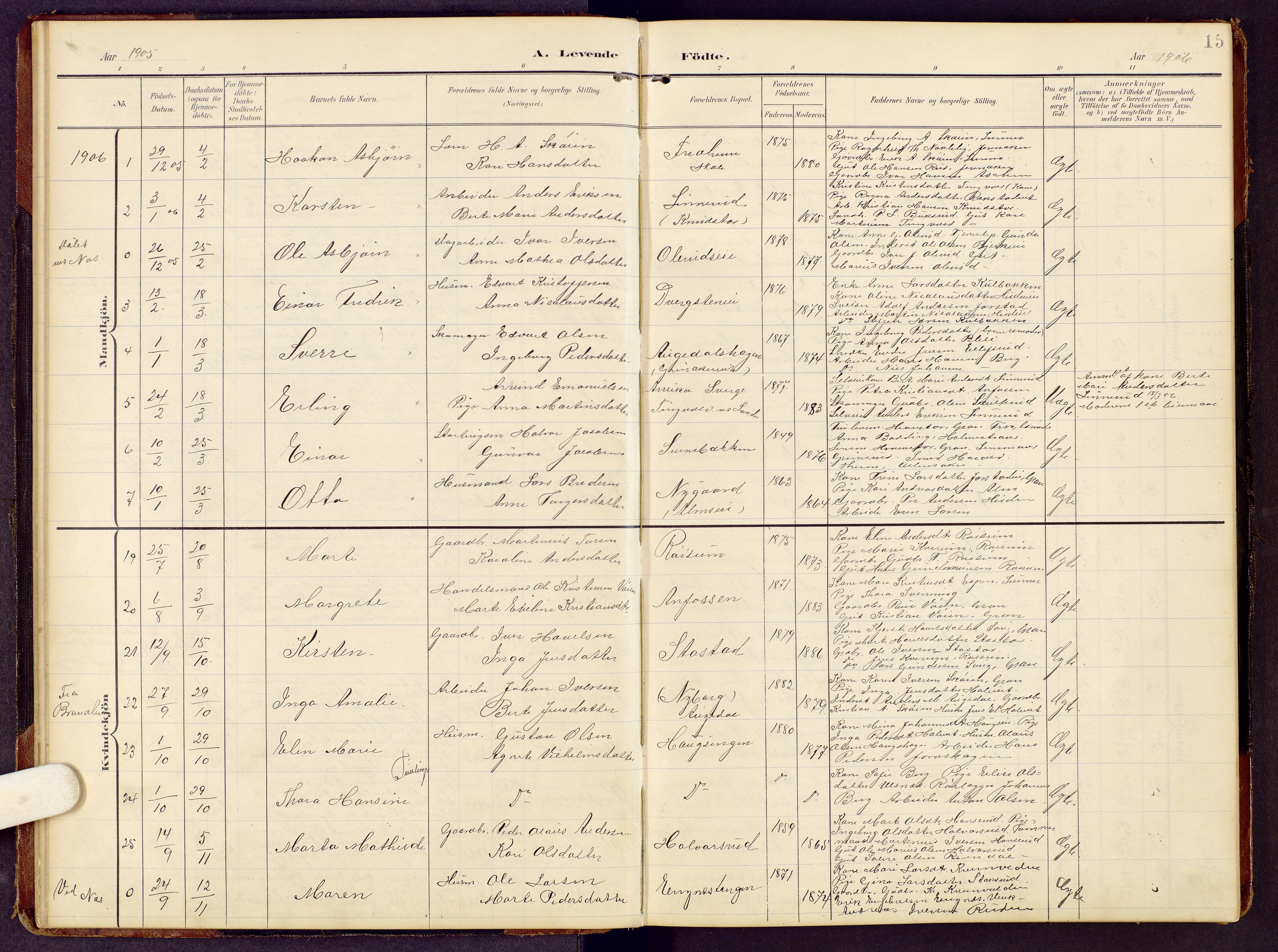 Brandbu prestekontor, SAH/PREST-114/H/Ha/Hab/L0009: Parish register (copy) no. 9, 1903-1916, p. 15