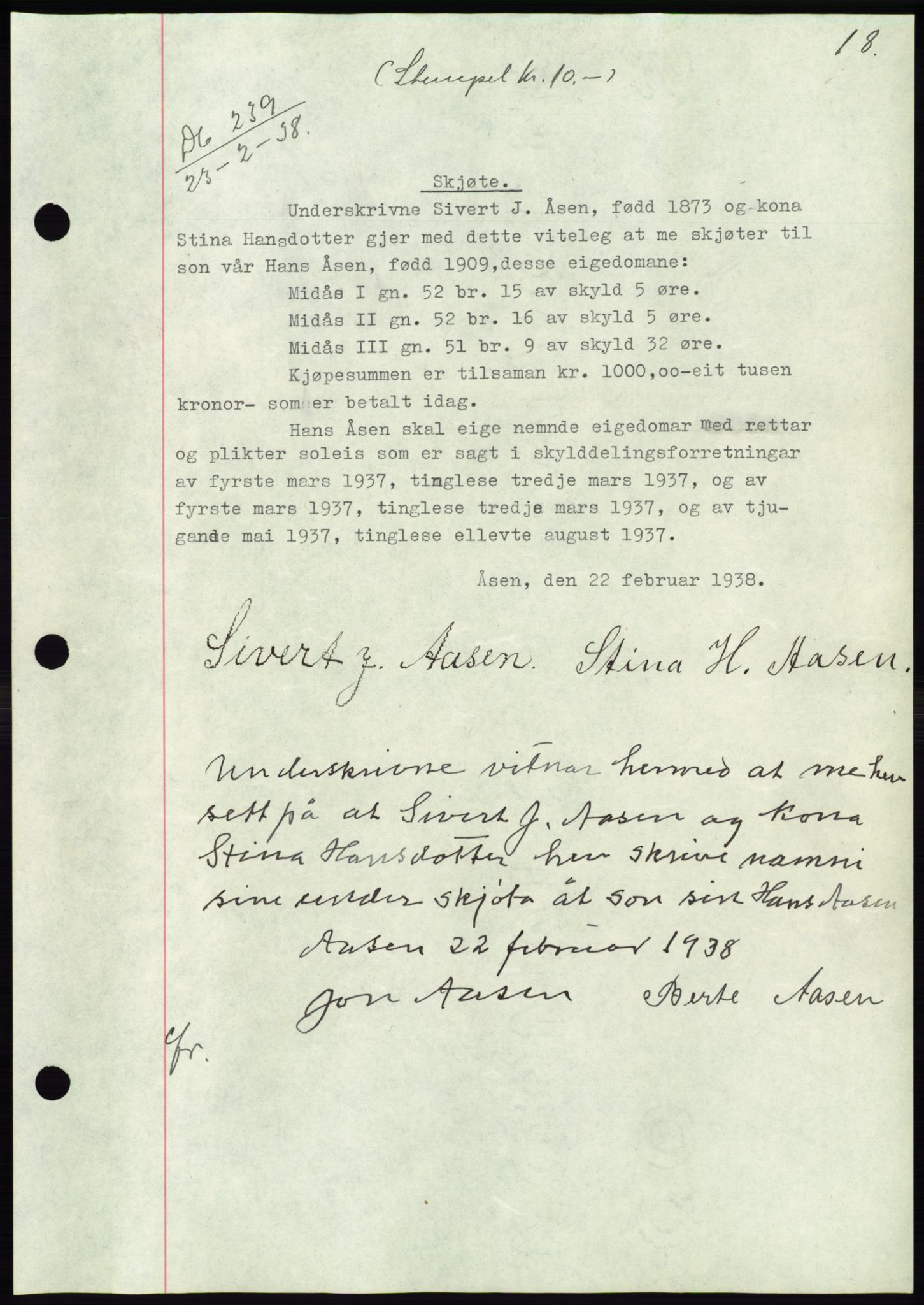 Søre Sunnmøre sorenskriveri, AV/SAT-A-4122/1/2/2C/L0065: Mortgage book no. 59, 1938-1938, Diary no: : 239/1938