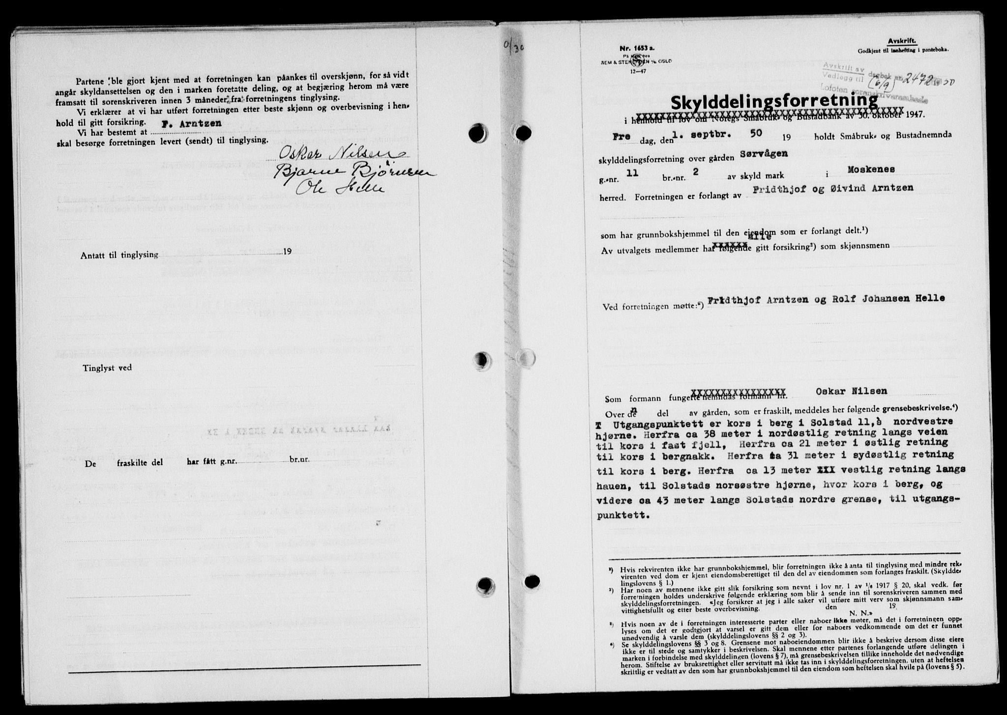 Lofoten sorenskriveri, SAT/A-0017/1/2/2C/L0024a: Mortgage book no. 24a, 1950-1950, Diary no: : 2472/1950