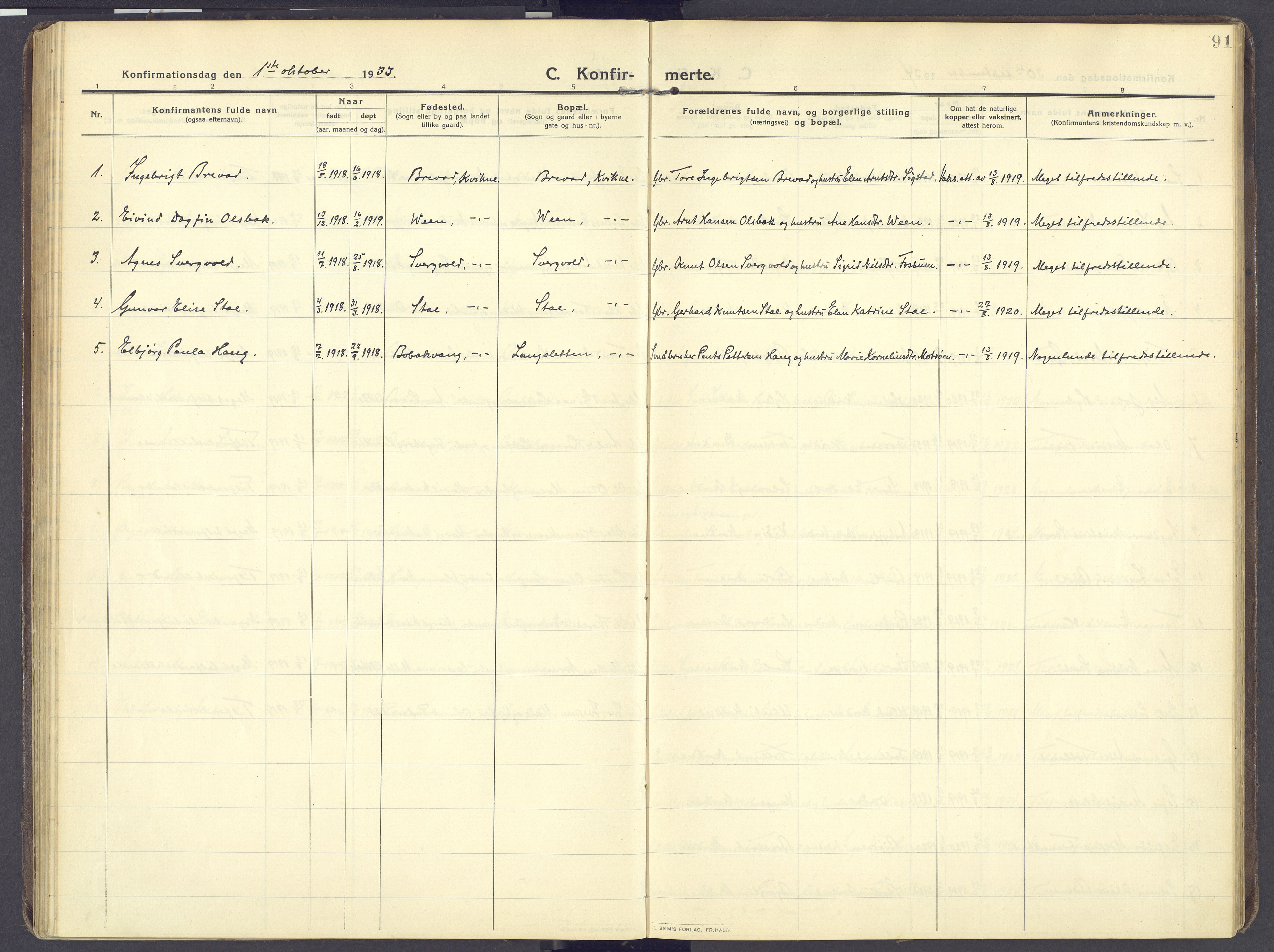 Kvikne prestekontor, AV/SAH-PREST-064/H/Ha/Haa/L0009: Parish register (official) no. 9, 1911-1942, p. 91