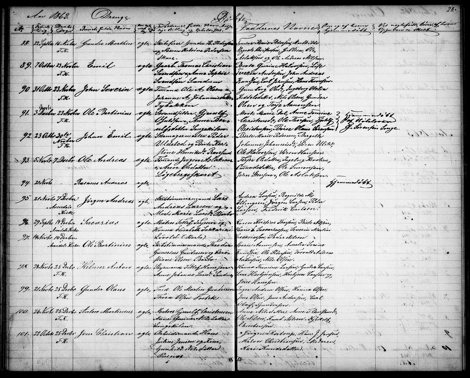 Tromøy sokneprestkontor, SAK/1111-0041/F/Fb/L0003: Parish register (copy) no. B 3, 1859-1868, p. 28