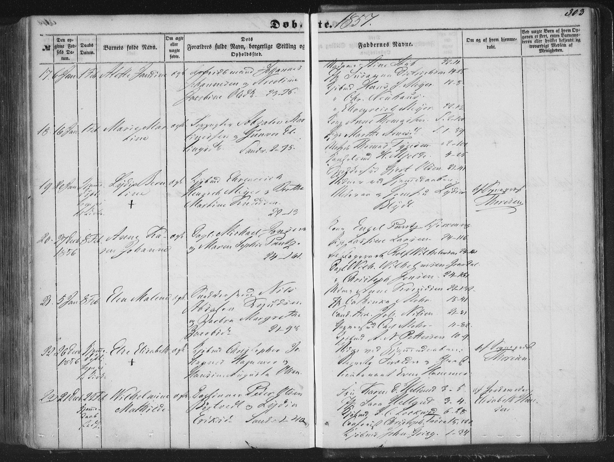 Korskirken sokneprestembete, AV/SAB-A-76101/H/Haa/L0017: Parish register (official) no. B 3, 1851-1857, p. 303