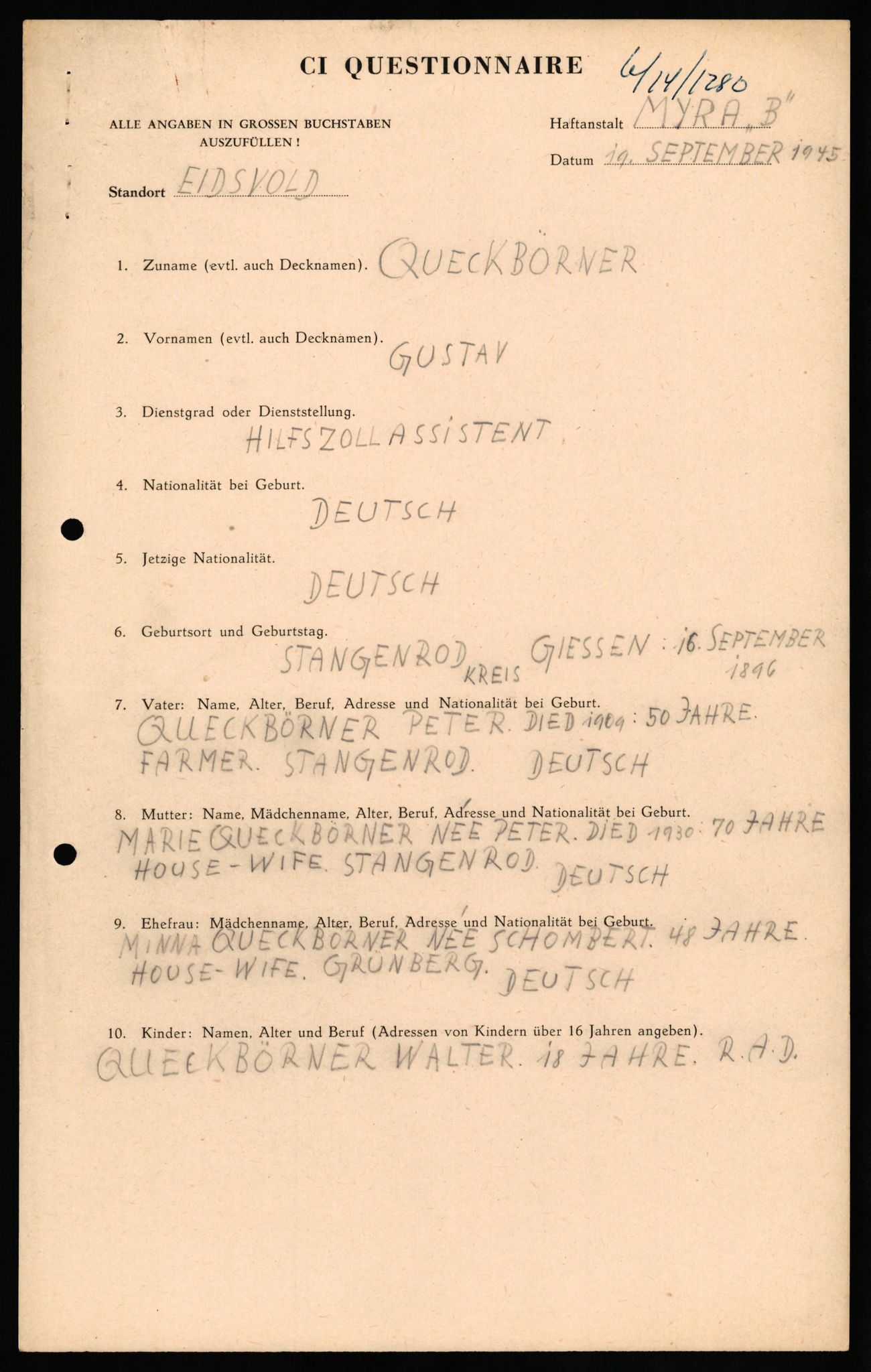 Forsvaret, Forsvarets overkommando II, AV/RA-RAFA-3915/D/Db/L0026: CI Questionaires. Tyske okkupasjonsstyrker i Norge. Tyskere., 1945-1946, p. 468