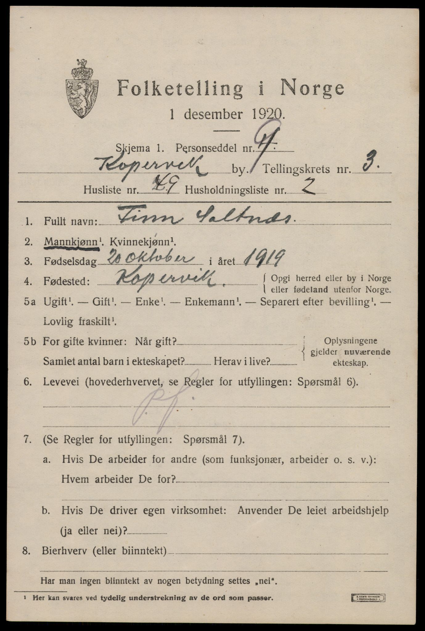 SAST, 1920 census for Kopervik, 1920, p. 4748