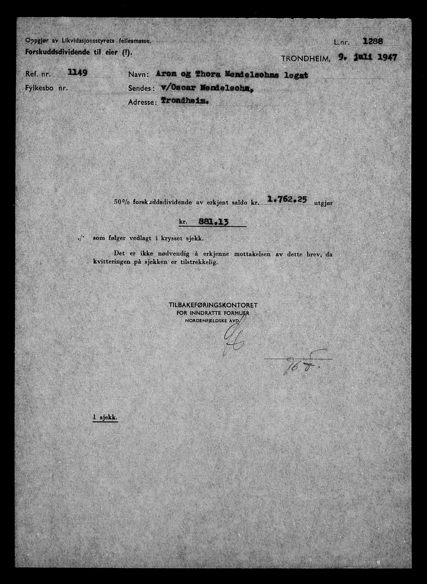 Justisdepartementet, Tilbakeføringskontoret for inndratte formuer, AV/RA-S-1564/H/Hc/Hca/L0903: --, 1945-1947, p. 675