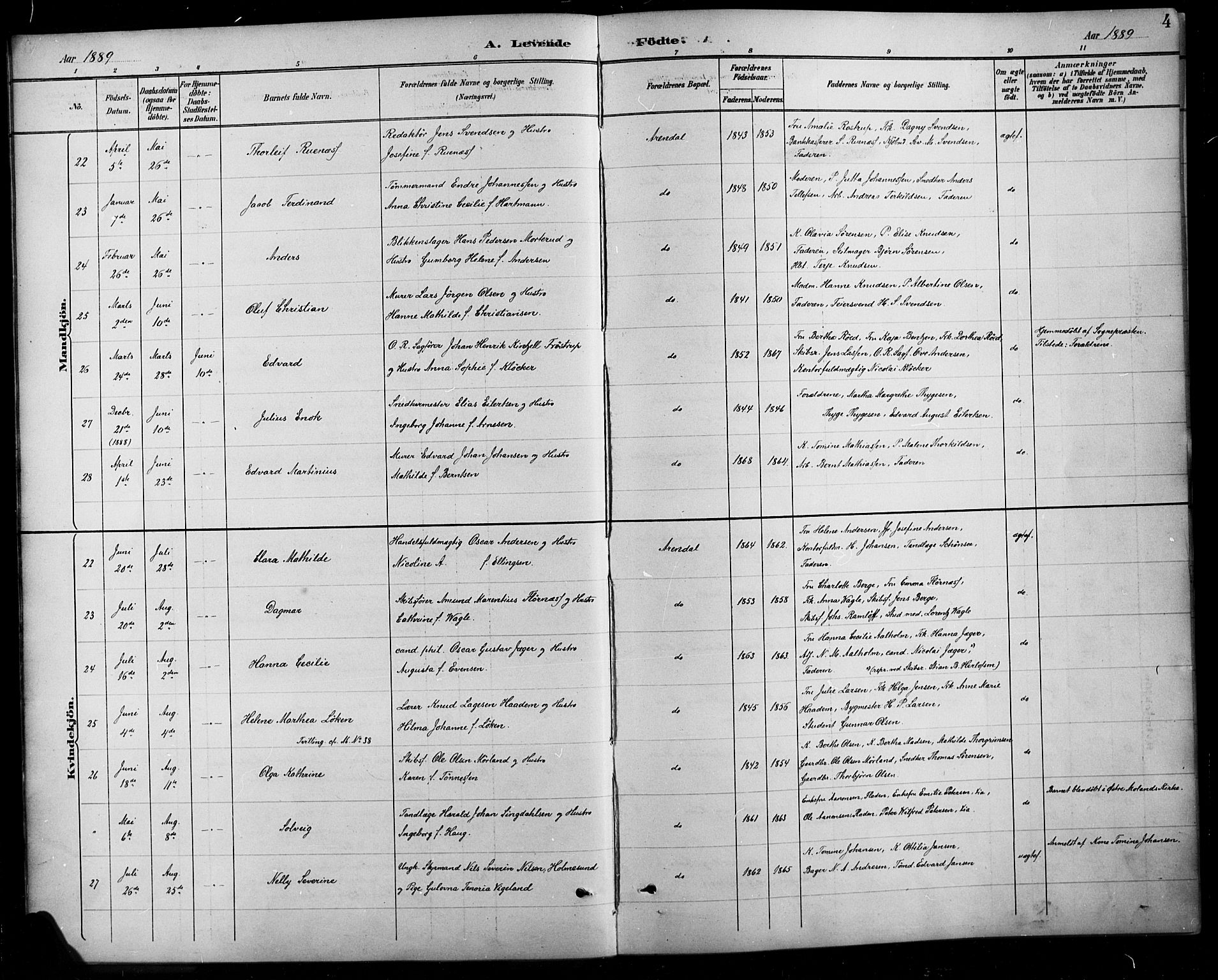 Arendal sokneprestkontor, Trefoldighet, AV/SAK-1111-0040/F/Fb/L0006: Parish register (copy) no. B 6, 1889-1916, p. 4