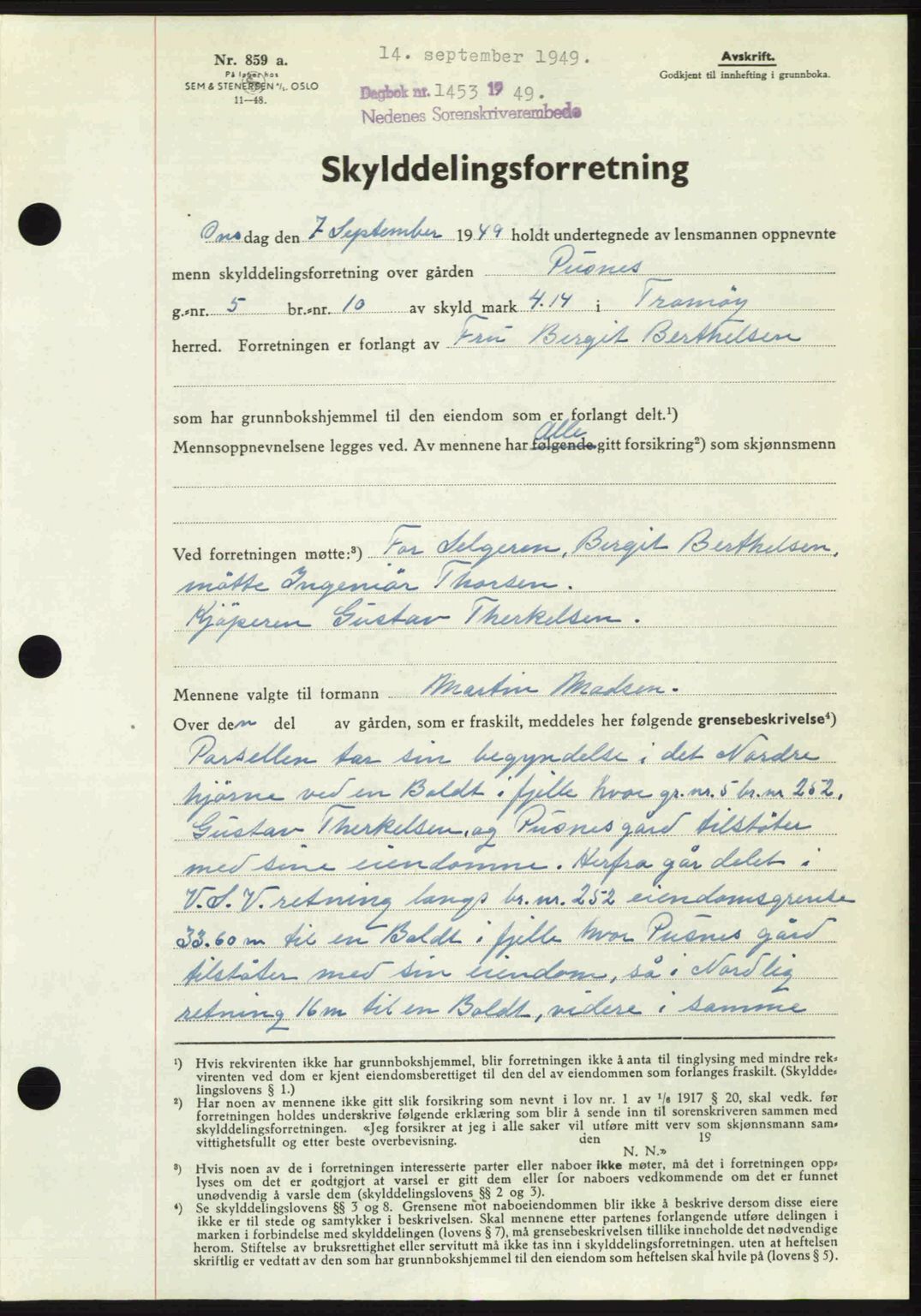 Nedenes sorenskriveri, SAK/1221-0006/G/Gb/Gba/L0061: Mortgage book no. A13, 1949-1949, Diary no: : 1453/1949