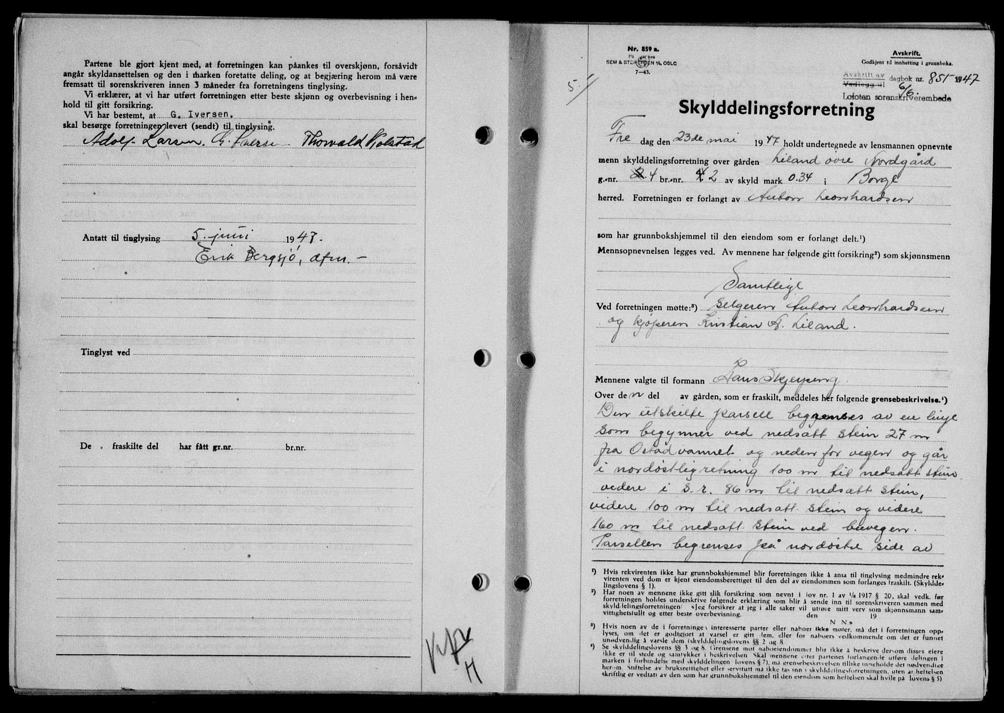Lofoten sorenskriveri, SAT/A-0017/1/2/2C/L0016a: Mortgage book no. 16a, 1947-1947, Diary no: : 851/1947