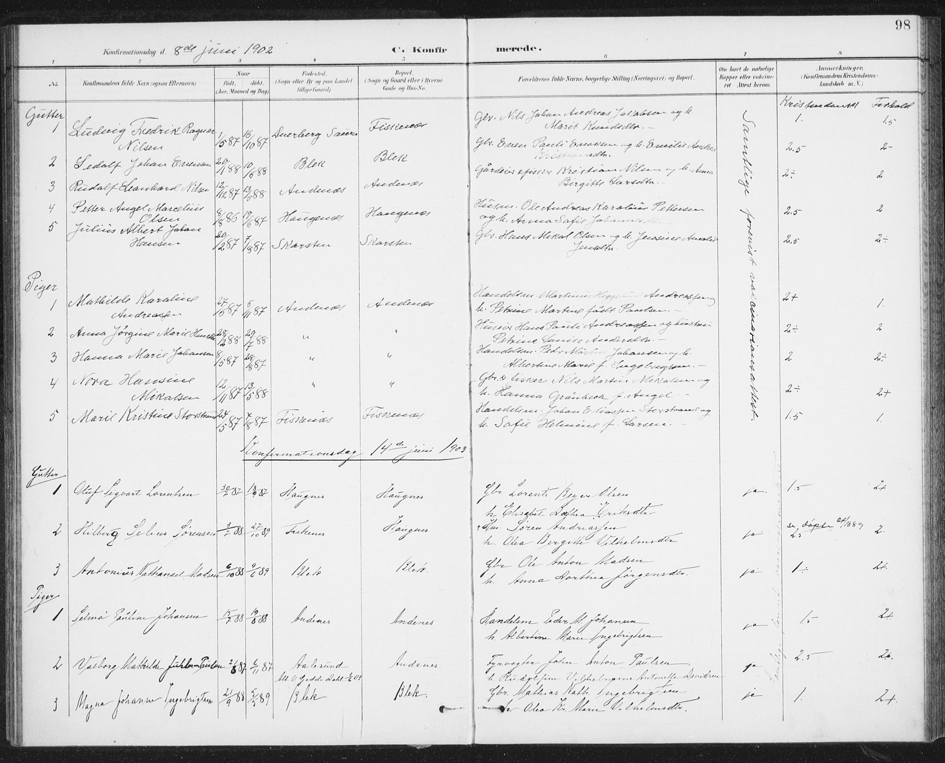 Ministerialprotokoller, klokkerbøker og fødselsregistre - Nordland, SAT/A-1459/899/L1437: Parish register (official) no. 899A05, 1897-1908, p. 98