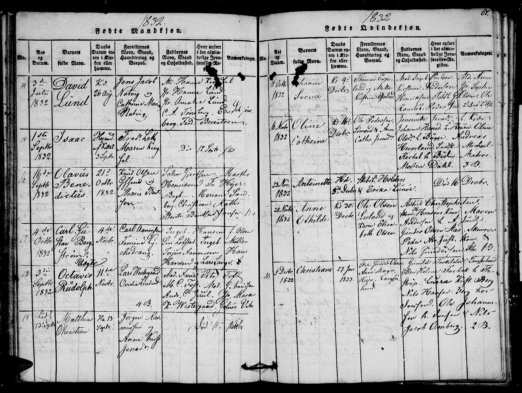 Arendal sokneprestkontor, Trefoldighet, SAK/1111-0040/F/Fb/L0001: Parish register (copy) no. B 1, 1816-1838, p. 67