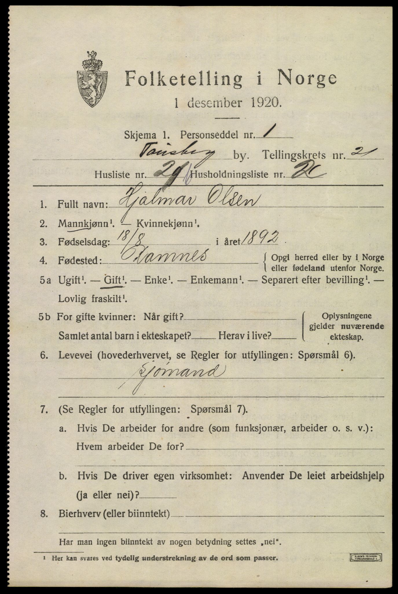 SAKO, 1920 census for Tønsberg, 1920, p. 30791