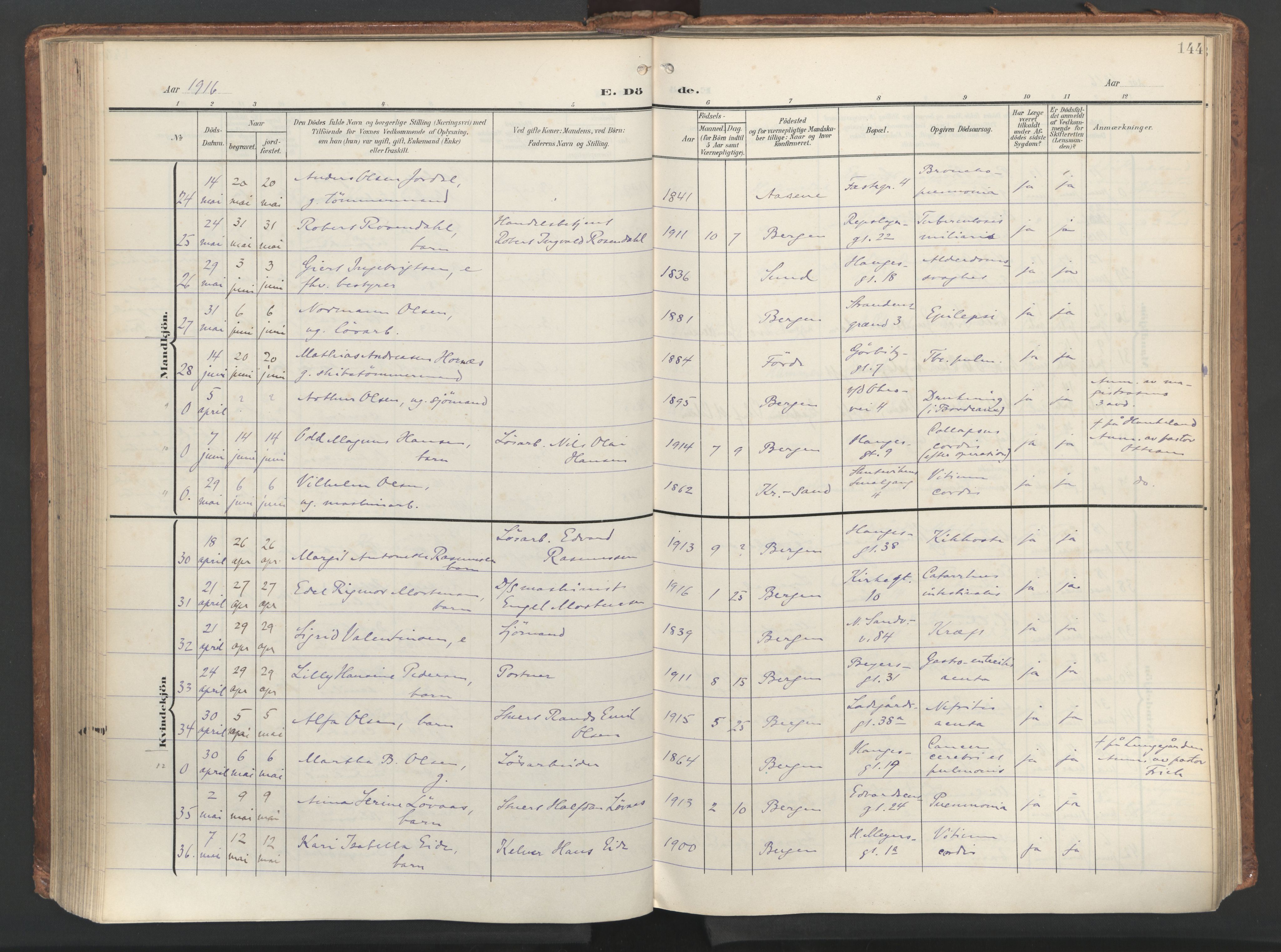 Sandviken Sokneprestembete, SAB/A-77601/H/Ha/L0019: Parish register (official) no. E 2, 1905-1933, p. 144