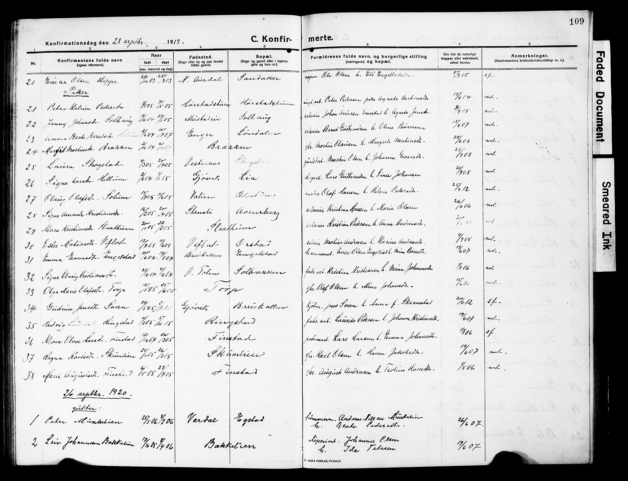 Vardal prestekontor, AV/SAH-PREST-100/H/Ha/Hab/L0015: Parish register (copy) no. 15, 1914-1931, p. 109