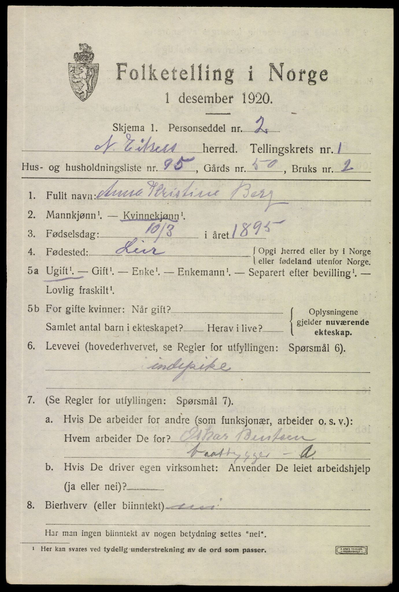 SAKO, 1920 census for Nedre Eiker, 1920, p. 3305