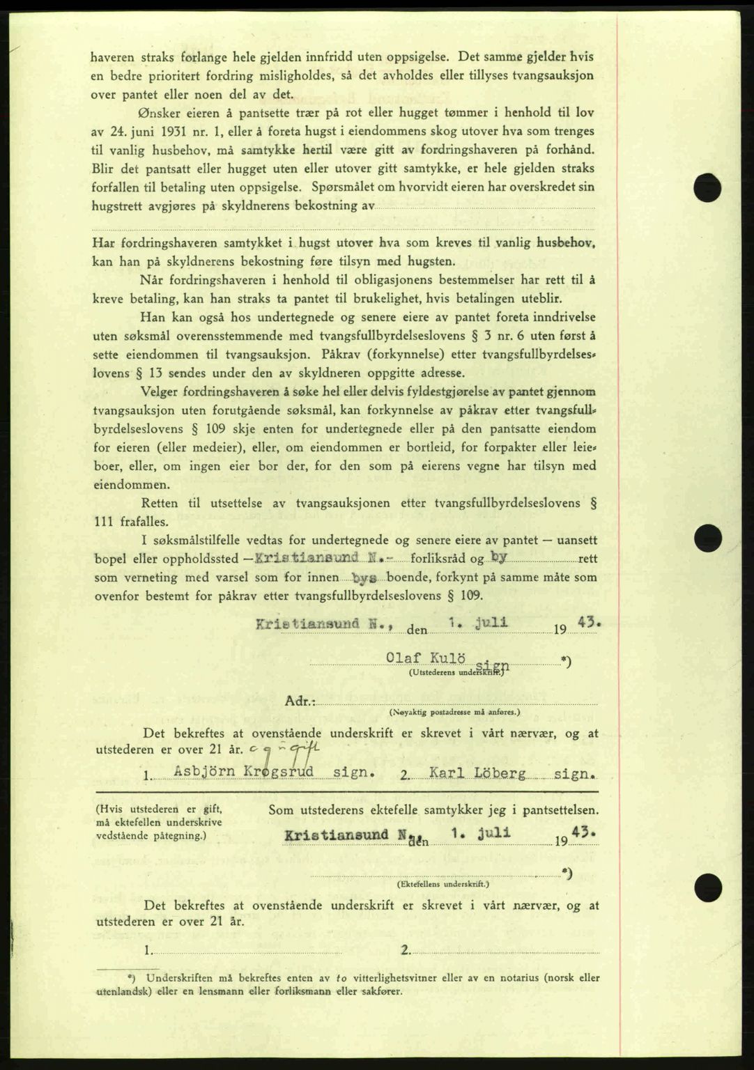 Kristiansund byfogd, SAT/A-4587/A/27: Mortgage book no. 36, 1942-1943, Diary no: : 606/1943