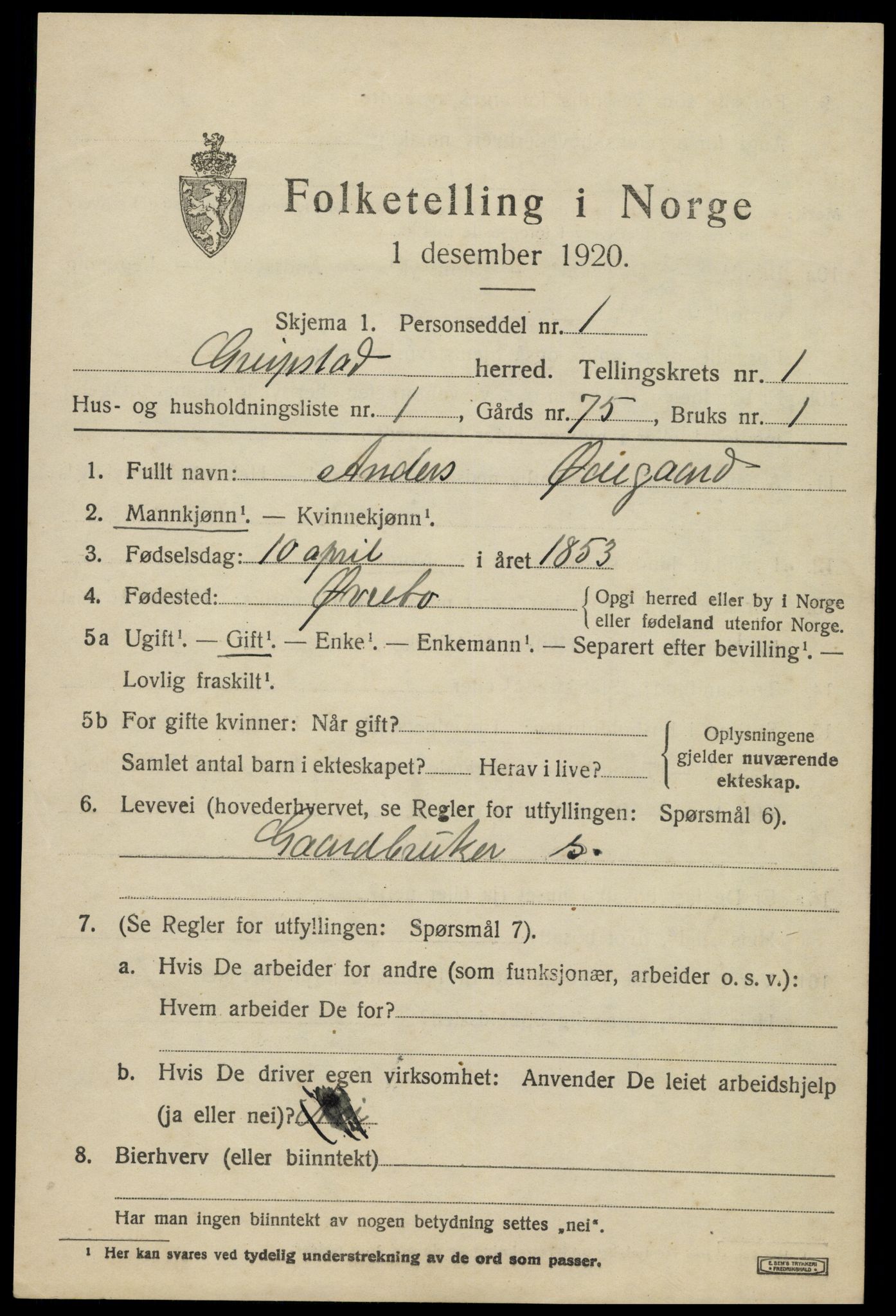 SAK, 1920 census for Greipstad, 1920, p. 426