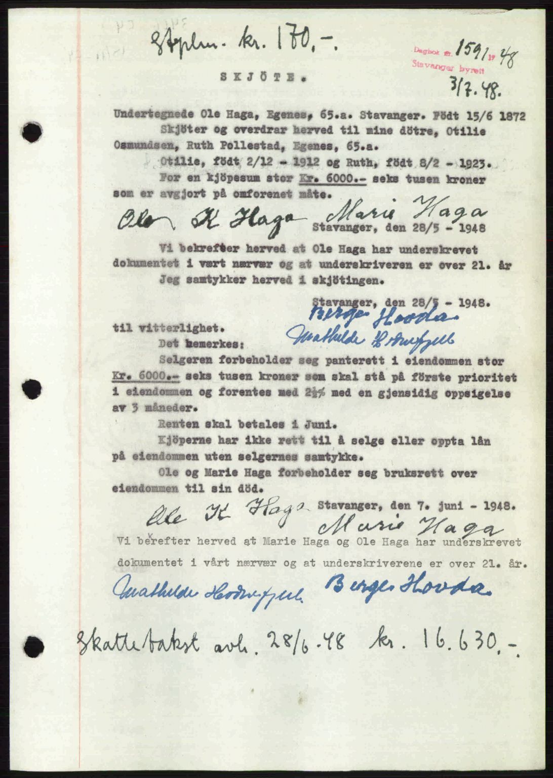 Stavanger byrett, SAST/A-100455/002/G/Gb/L0022: Mortgage book no. A11, 1947-1948, Diary no: : 1591/1948