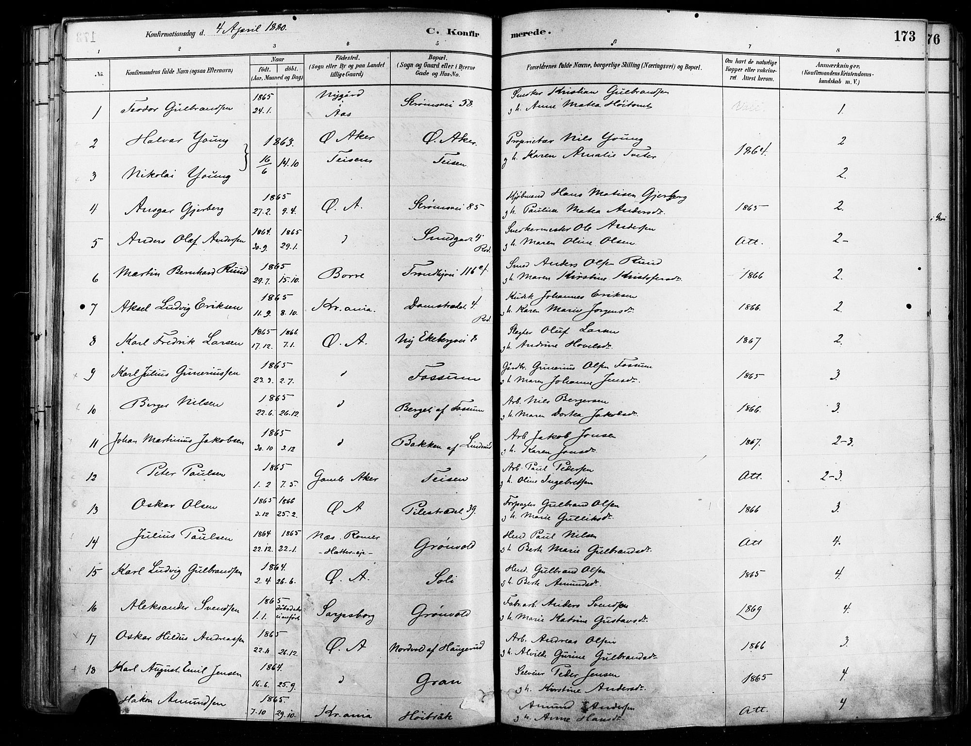 Østre Aker prestekontor Kirkebøker, AV/SAO-A-10840/F/Fa/L0006: Parish register (official) no. I 5, 1879-1882, p. 173