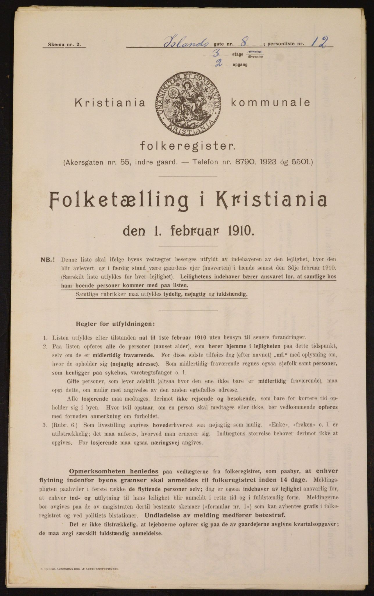 OBA, Municipal Census 1910 for Kristiania, 1910, p. 43485