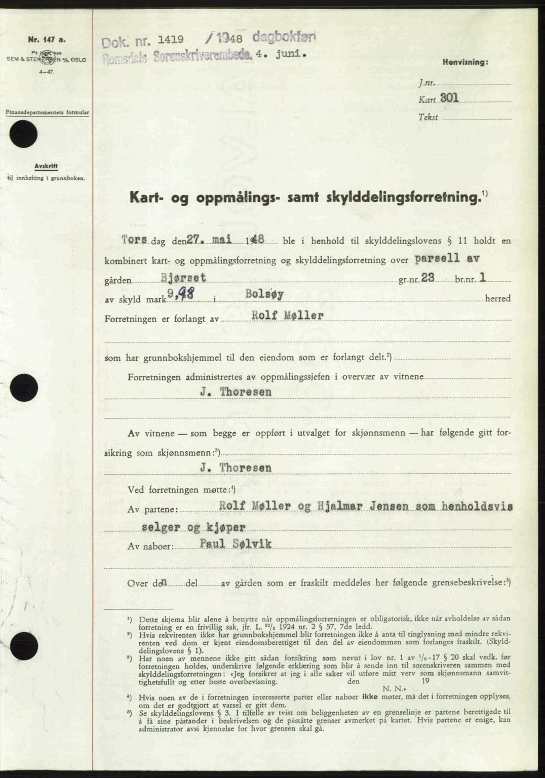 Romsdal sorenskriveri, AV/SAT-A-4149/1/2/2C: Mortgage book no. A26, 1948-1948, Diary no: : 1419/1948