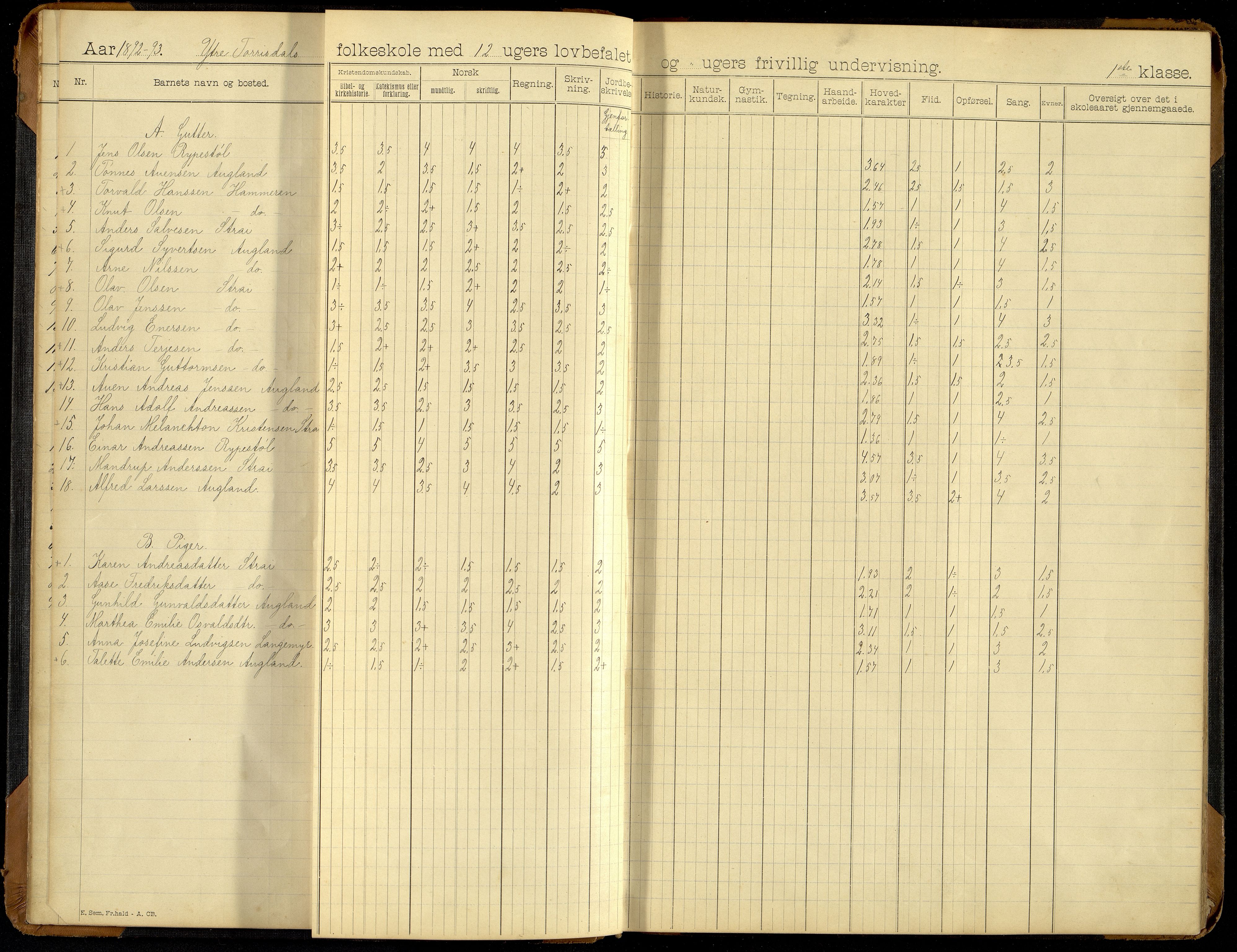 Oddernes kommune - Ytre Torridal skolekrets, ARKSOR/1001OD555/H/L0002: Skoleprotokoll (d), 1891-1902