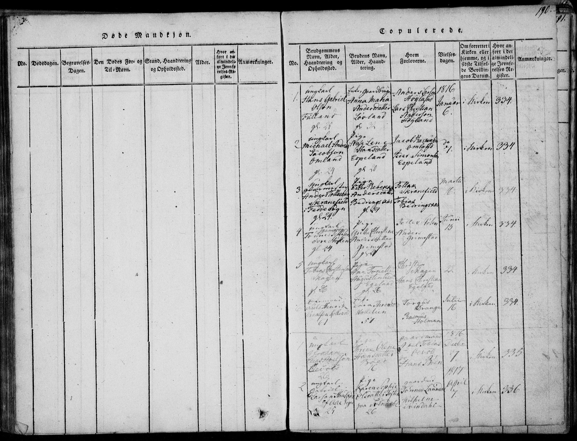 Herad sokneprestkontor, SAK/1111-0018/F/Fa/Faa/L0003: Parish register (official) no. A 3, 1816-1844, p. 190