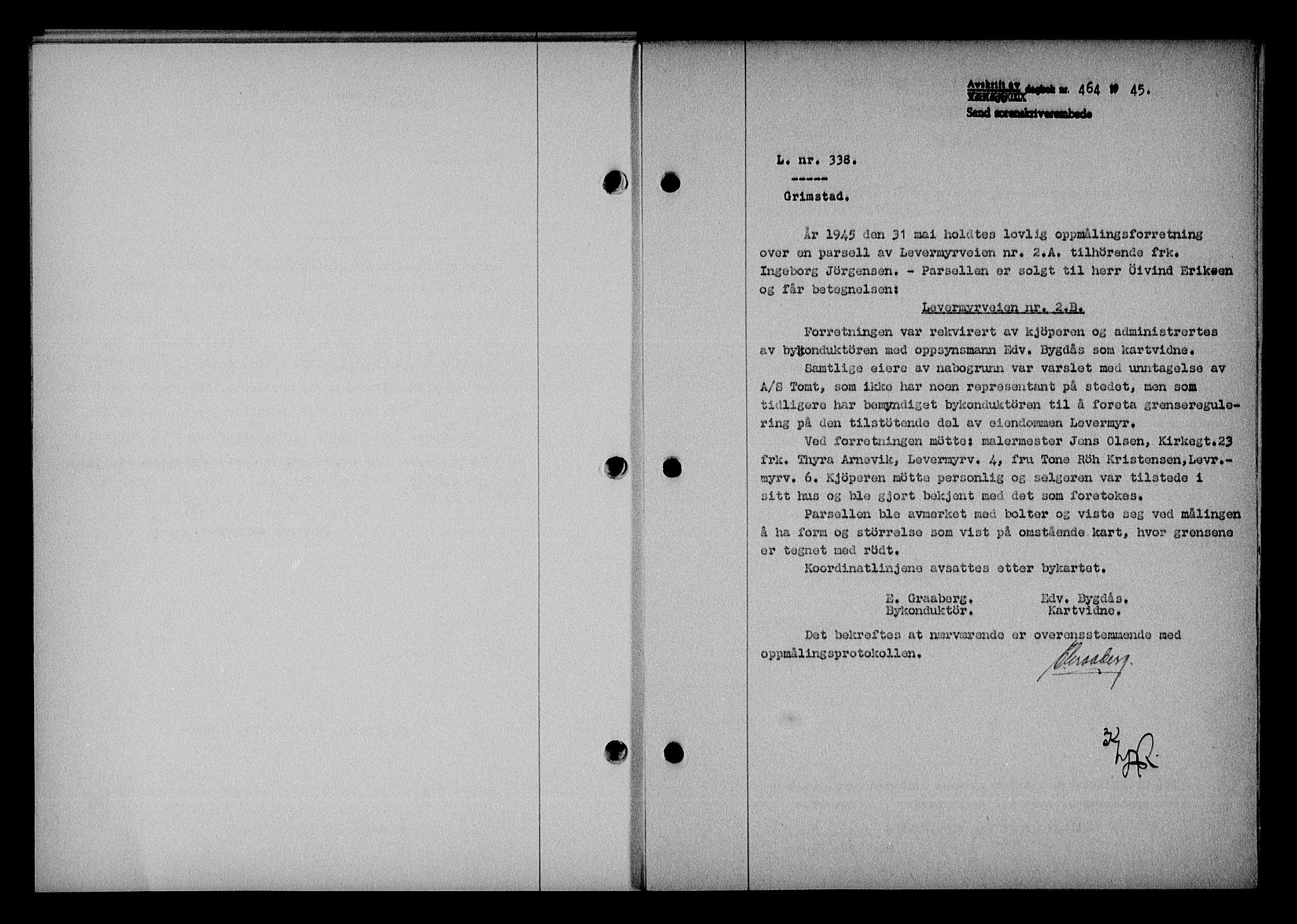 Vestre Nedenes/Sand sorenskriveri, SAK/1221-0010/G/Gb/Gba/L0053: Mortgage book no. A 6, 1944-1945, Diary no: : 464/1945