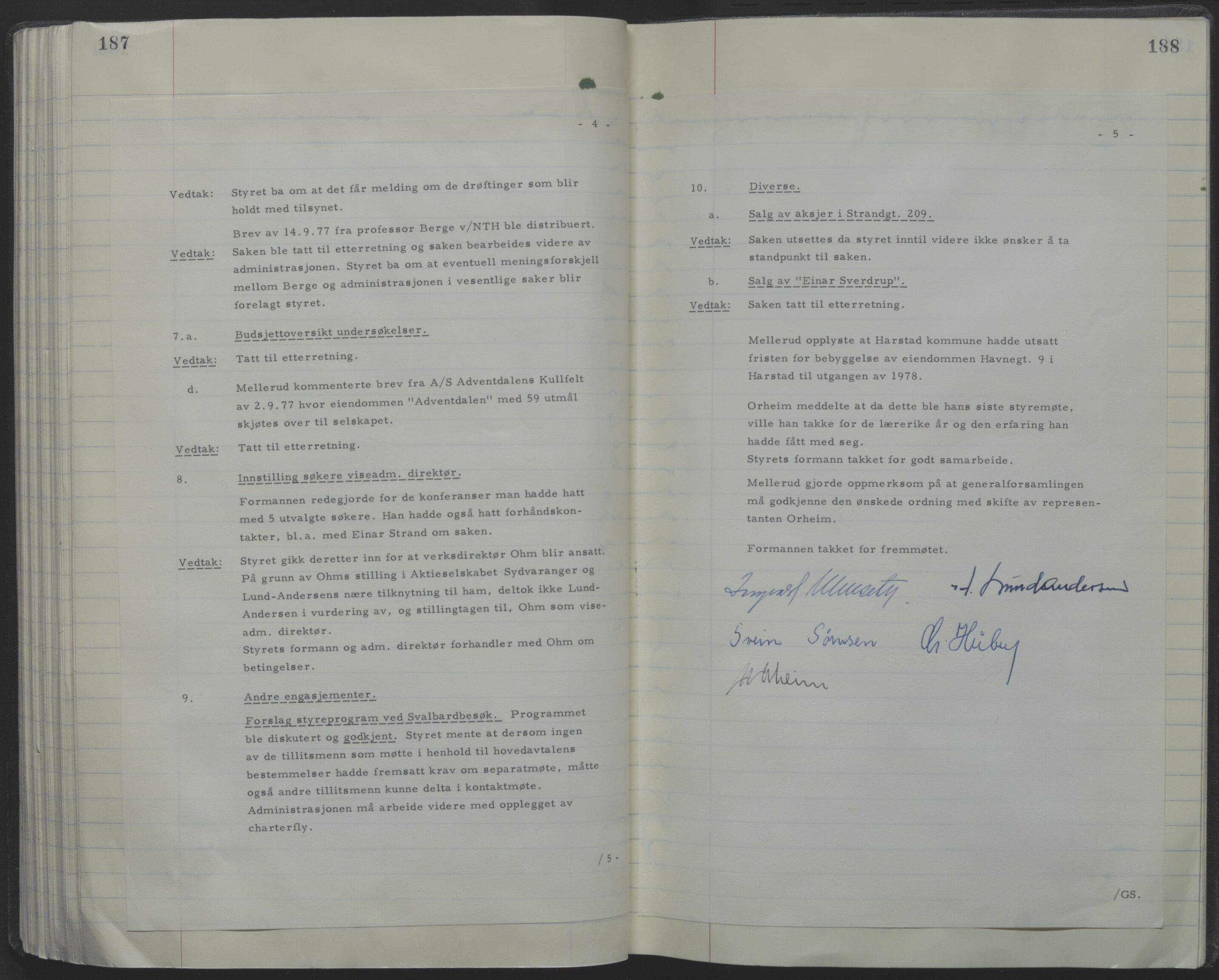 Store Norske Spitsbergen Kulkompani A/S, AV/SATØ-P-0073/09/A/Ab/Aba/L0001: Styreprotokoll 6, 1970-1979, p. 187-188