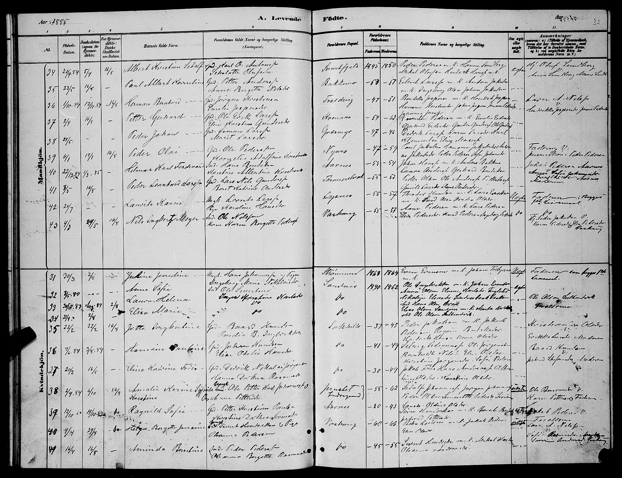 Lenvik sokneprestembete, AV/SATØ-S-1310/H/Ha/Hab/L0006klokker: Parish register (copy) no. 6, 1881-1889, p. 33