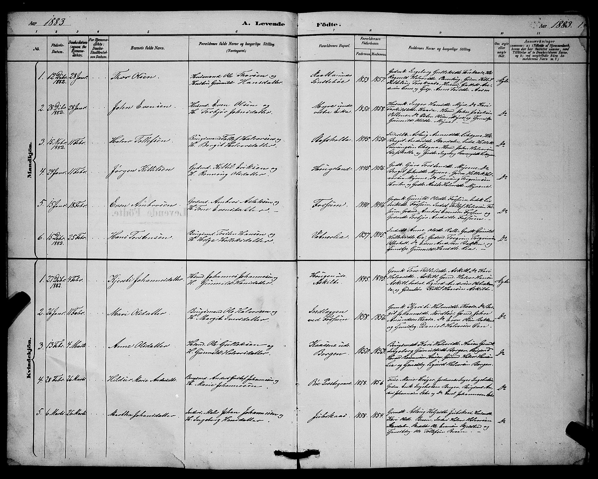 Bø kirkebøker, SAKO/A-257/G/Ga/L0005: Parish register (copy) no. 5, 1883-1897, p. 1