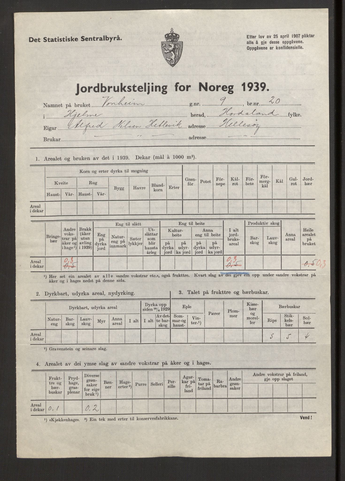 Statistisk sentralbyrå, Næringsøkonomiske emner, Jordbruk, skogbruk, jakt, fiske og fangst, AV/RA-S-2234/G/Gb/L0211: Hordaland: Herdla, Hjelme og Manger, 1939, p. 1135