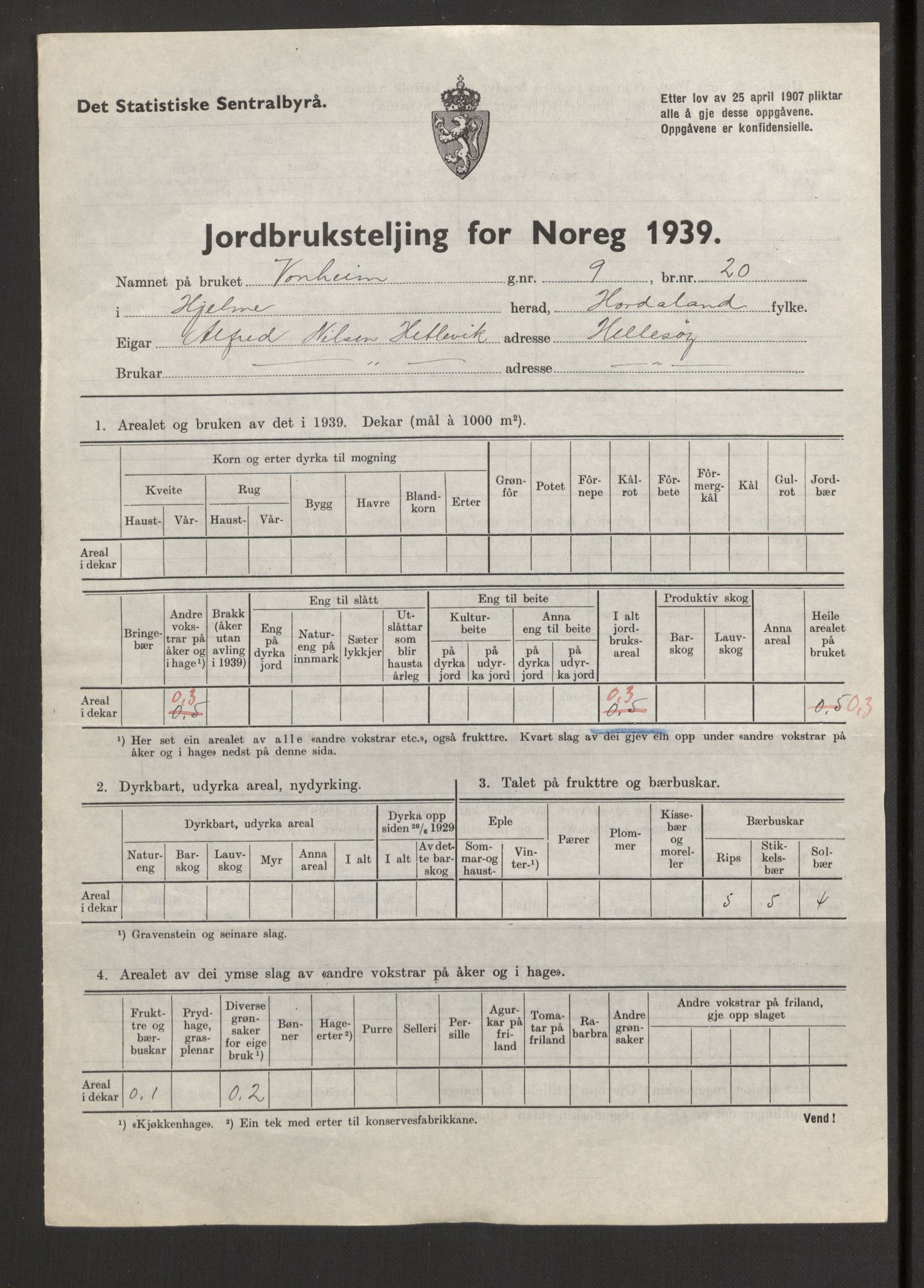 Statistisk sentralbyrå, Næringsøkonomiske emner, Jordbruk, skogbruk, jakt, fiske og fangst, AV/RA-S-2234/G/Gb/L0211: Hordaland: Herdla, Hjelme og Manger, 1939, p. 1135