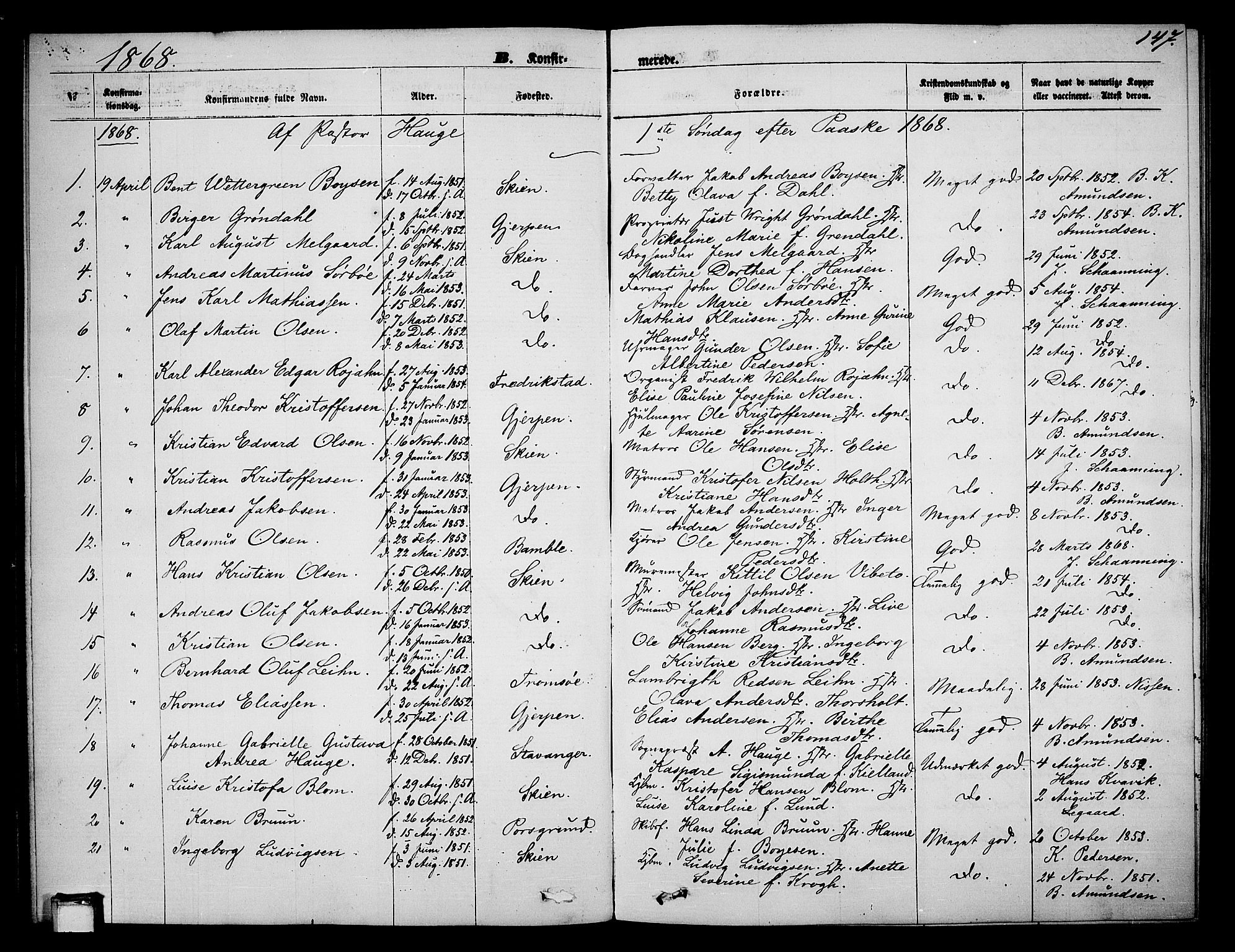 Skien kirkebøker, AV/SAKO-A-302/G/Ga/L0005: Parish register (copy) no. 5, 1868-1880, p. 147