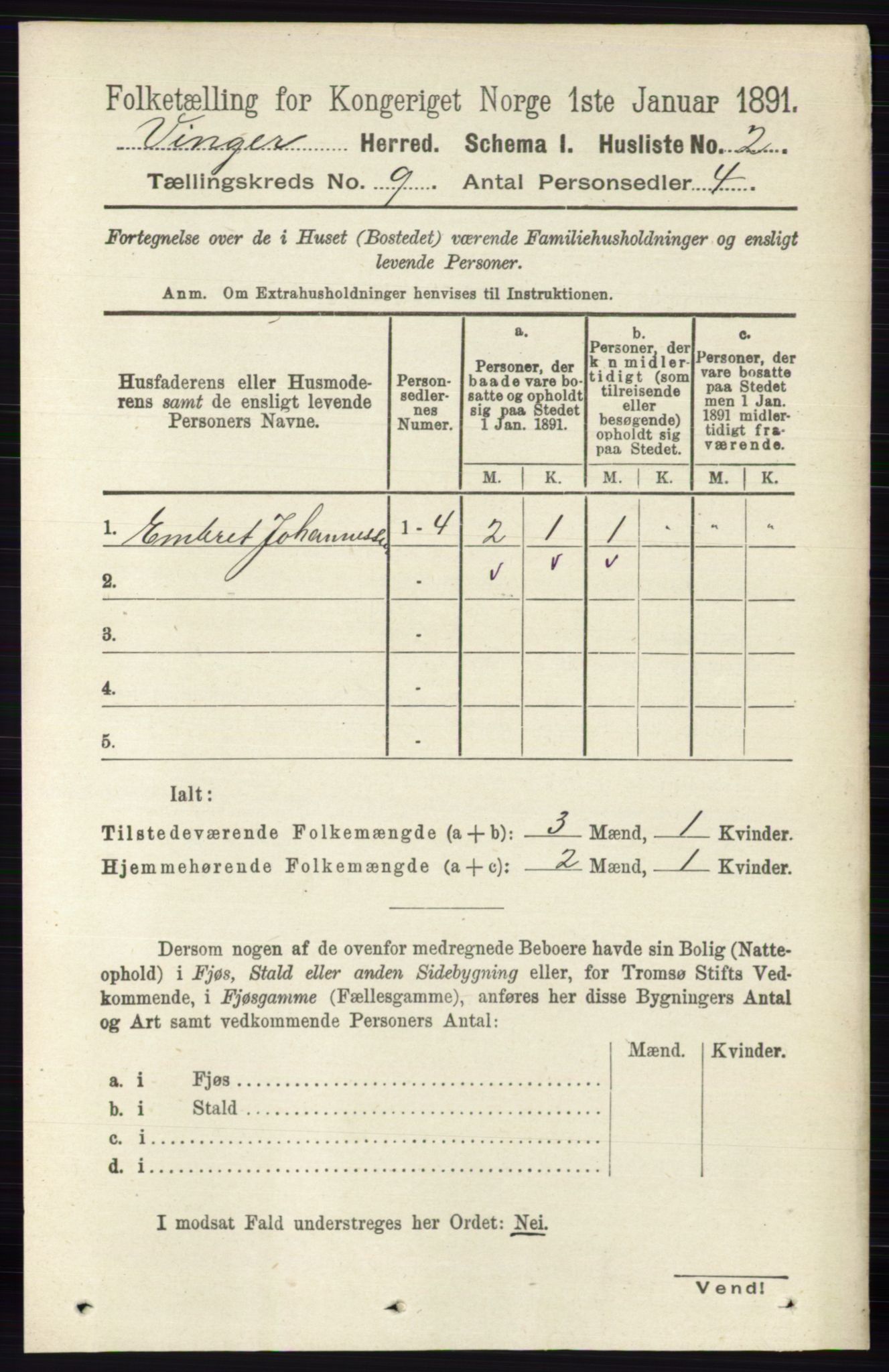 RA, 1891 census for 0421 Vinger, 1891, p. 4284