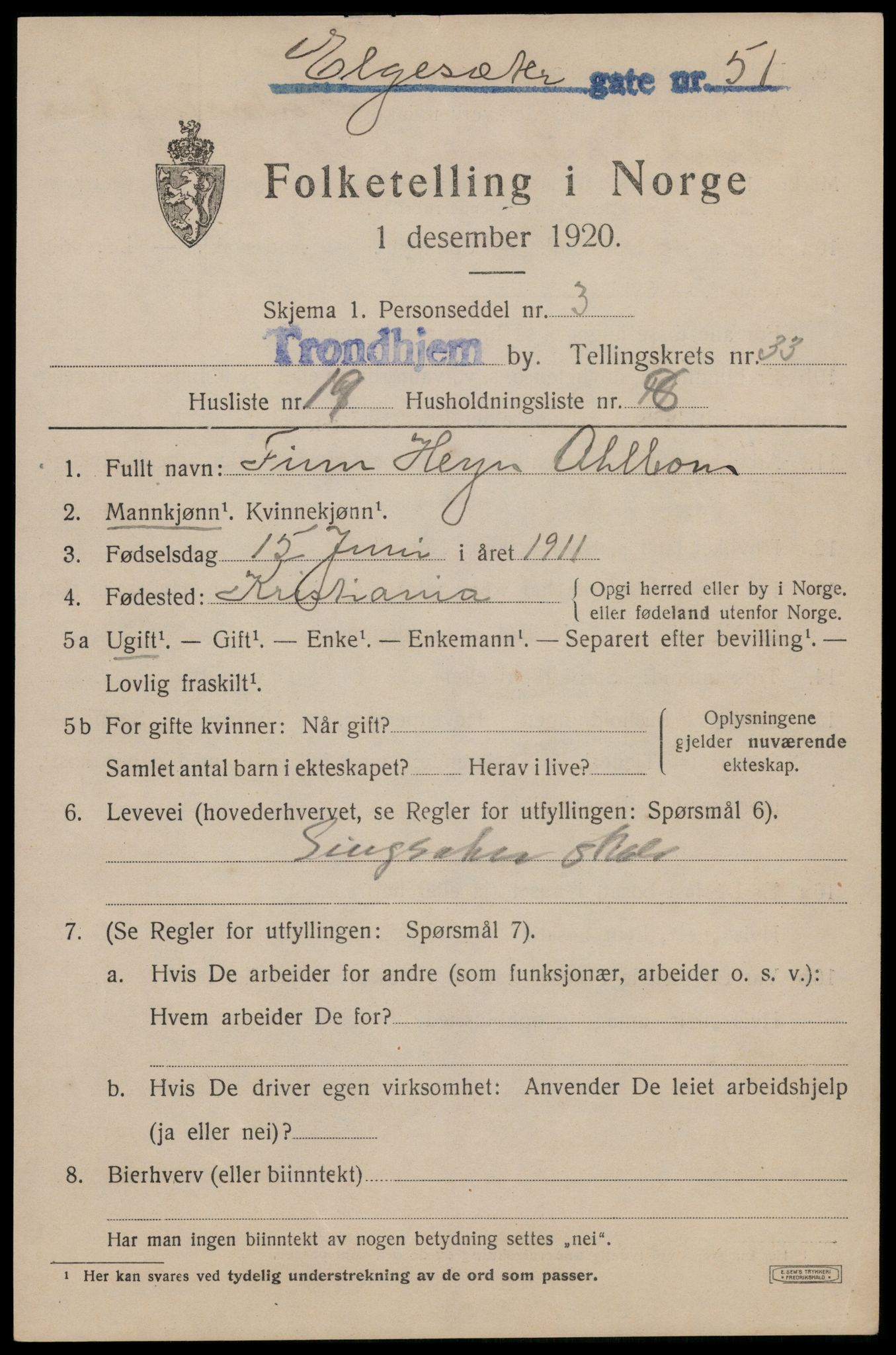 SAT, 1920 census for Trondheim, 1920, p. 79506