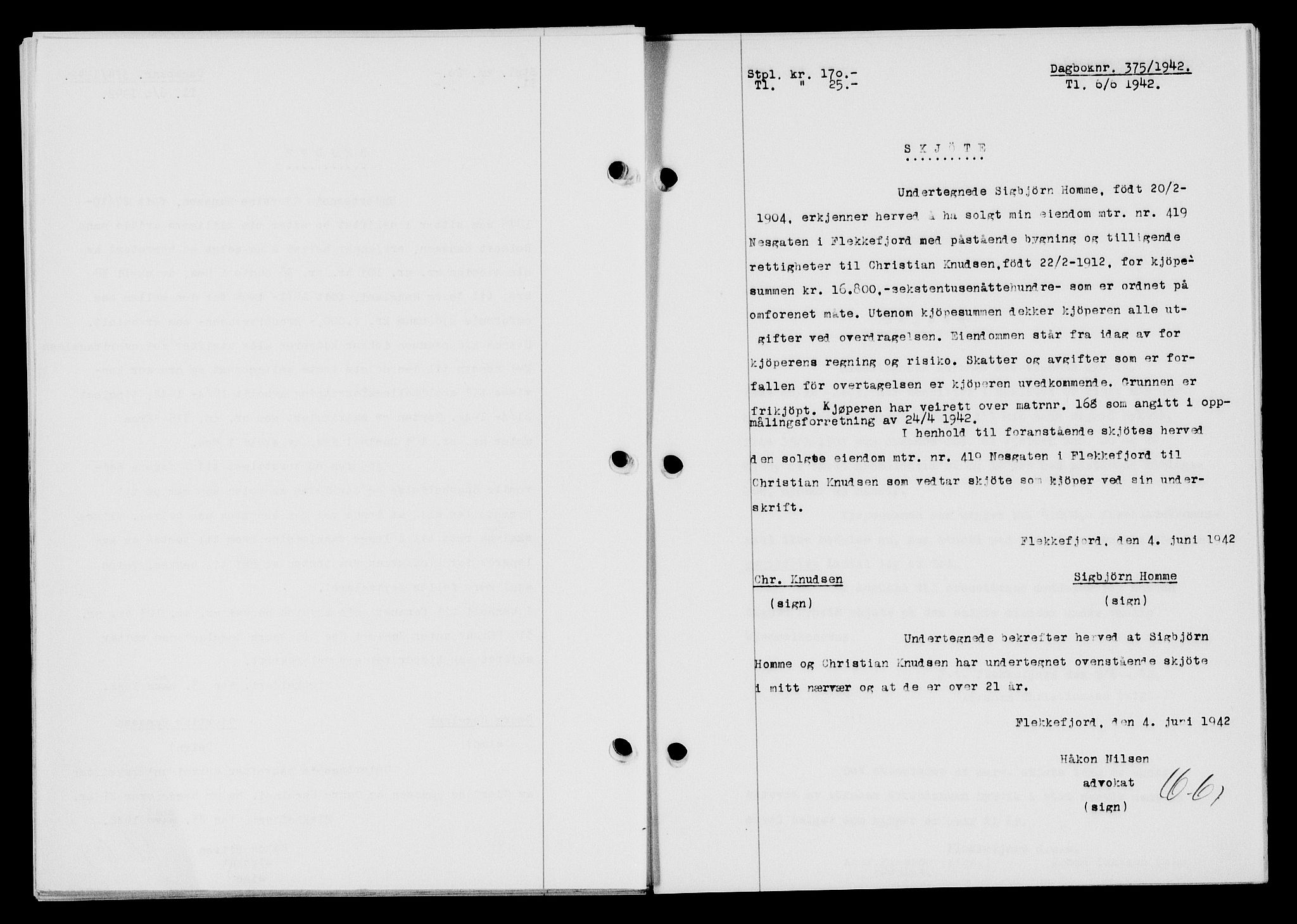 Flekkefjord sorenskriveri, SAK/1221-0001/G/Gb/Gba/L0057: Mortgage book no. A-5, 1941-1942, Diary no: : 375/1942
