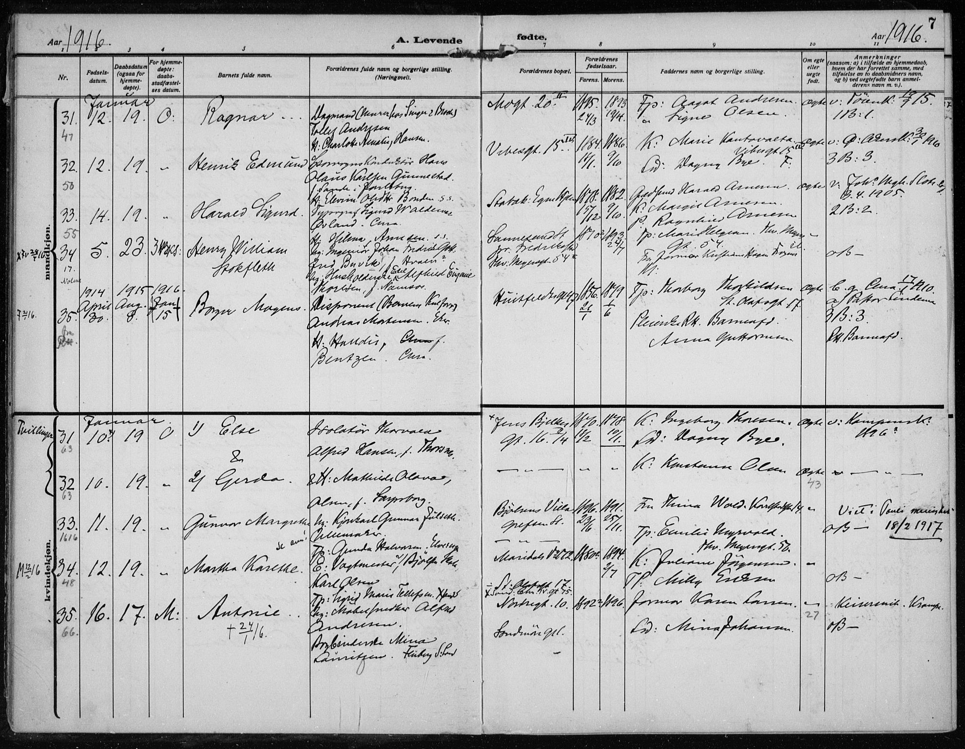Rikshospitalet prestekontor Kirkebøker, AV/SAO-A-10309b/F/L0016: Parish register (official) no. 16, 1916-1918, p. 7