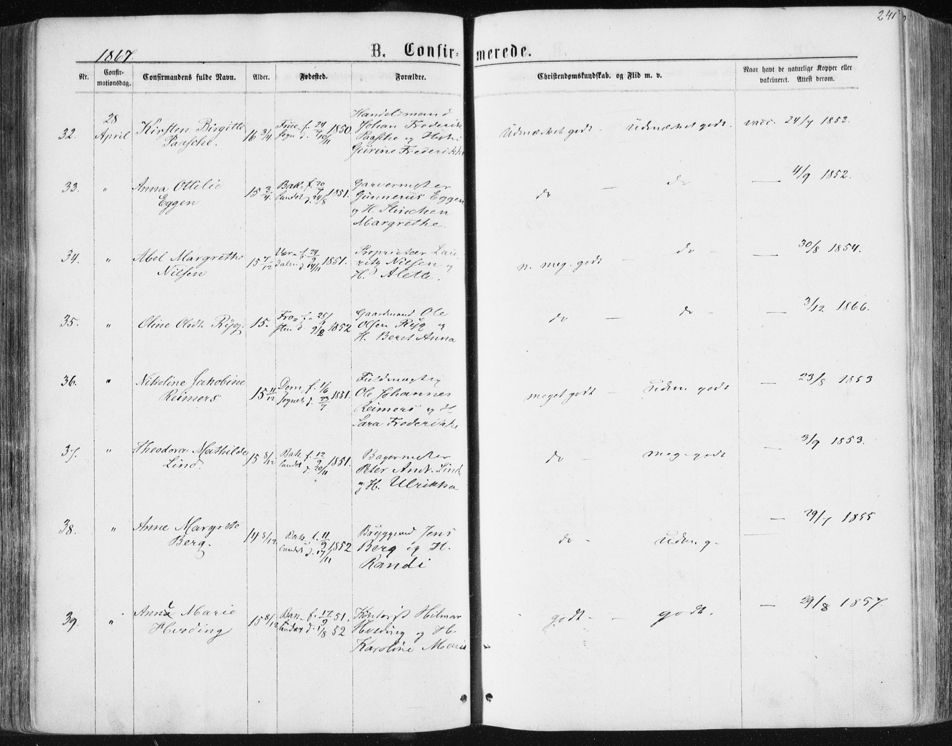 Ministerialprotokoller, klokkerbøker og fødselsregistre - Sør-Trøndelag, AV/SAT-A-1456/604/L0186: Parish register (official) no. 604A07, 1866-1877, p. 241